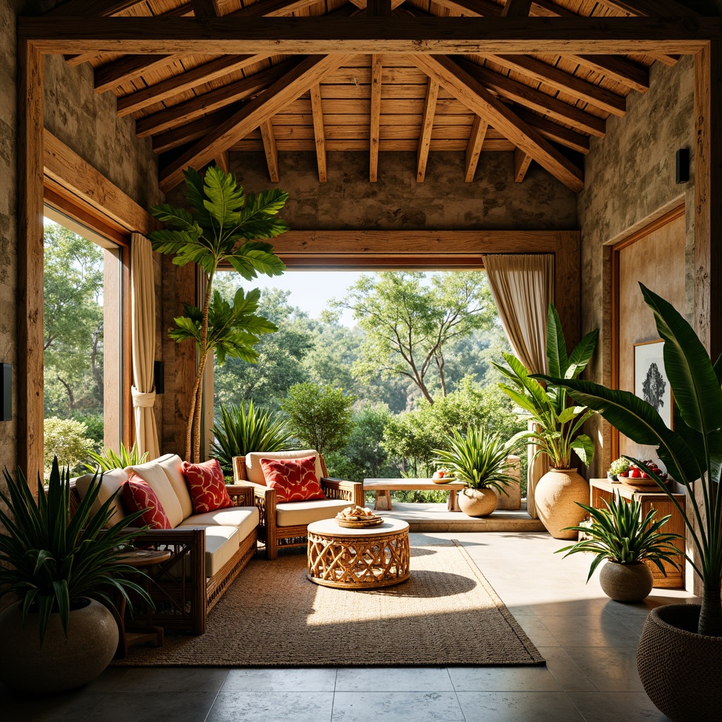 Prompt: Vibrant tropical interior, warm natural lighting, large windows, sliding glass doors, lush greenery, exotic plants, wooden accents, rattan furniture, woven textiles, colorful ceramics, rustic stone walls, earthy tone palette, soft diffused light, 1/1 composition, shallow depth of field, realistic textures, ambient occlusion.