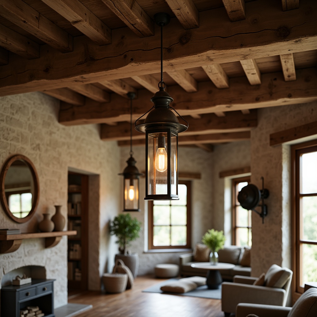 Prompt: Rustic farmhouse, vintage metal lanterns, distressed wooden beams, natural stone walls, earthy color palette, warm ambient lighting, pendant lights, exposed bulbs, metal shades, rustic metal brackets, reclaimed wood accents, traditional country style, cozy living spaces, soft warm glow, afternoon sunlight, shallow depth of field, 1/2 composition, realistic textures.