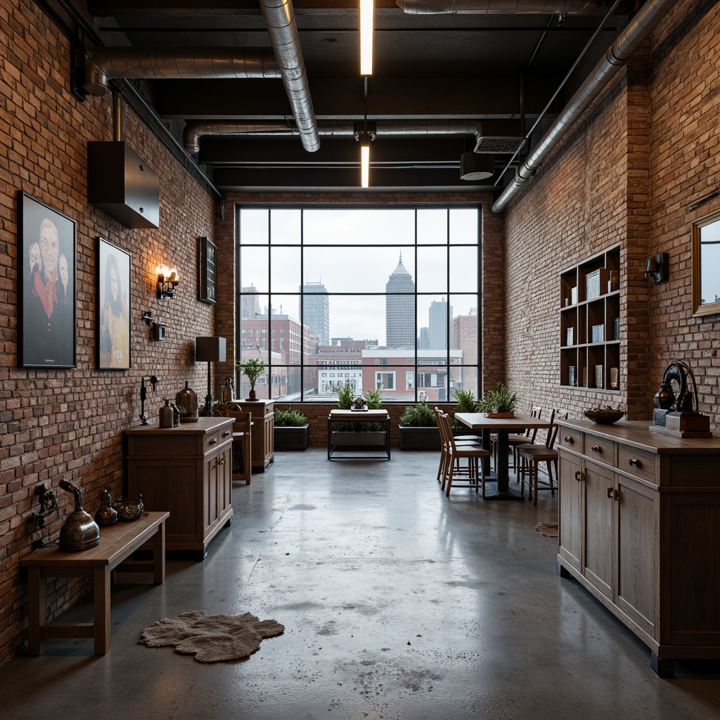 Prompt: Exposed brick walls, metal beams, industrial pipes, concrete floors, minimalist decor, reclaimed wood accents, vintage factory lights, metallic machinery parts, distressed finishes, urban cityscape views, cloudy grey skies, soft natural lighting, shallow depth of field, 1/1 composition, realistic textures, ambient occlusion.