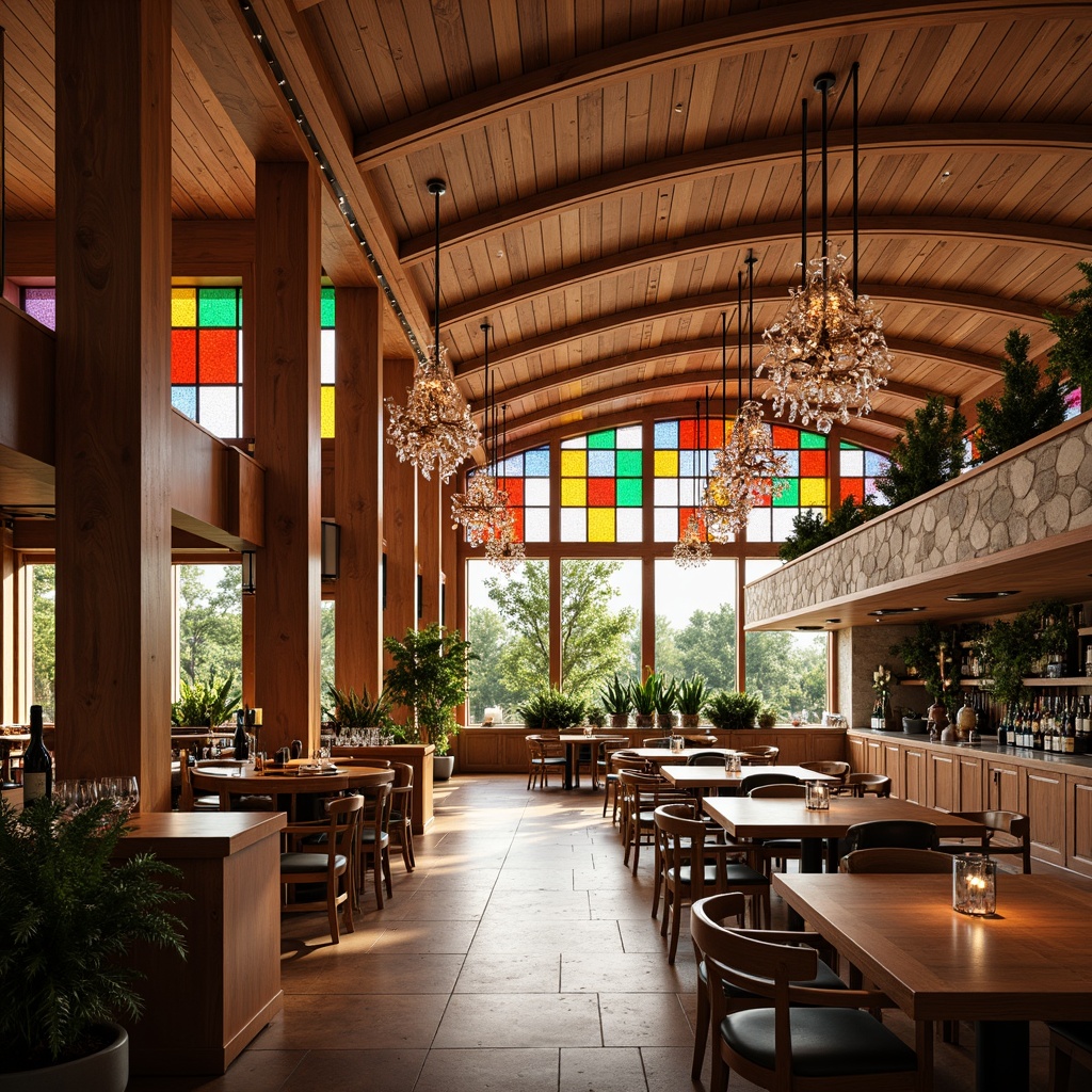 Prompt: Vibrant winery interior, rich wood accents, warm earthy tones, colorful glass features, stained glass windows, crystal chandeliers, polished metal fixtures, rustic stone walls, modern minimalist decor, curved lines, organic shapes, natural light pouring in, soft warm ambiance, shallow depth of field, 1/1 composition, realistic textures, ambient occlusion.