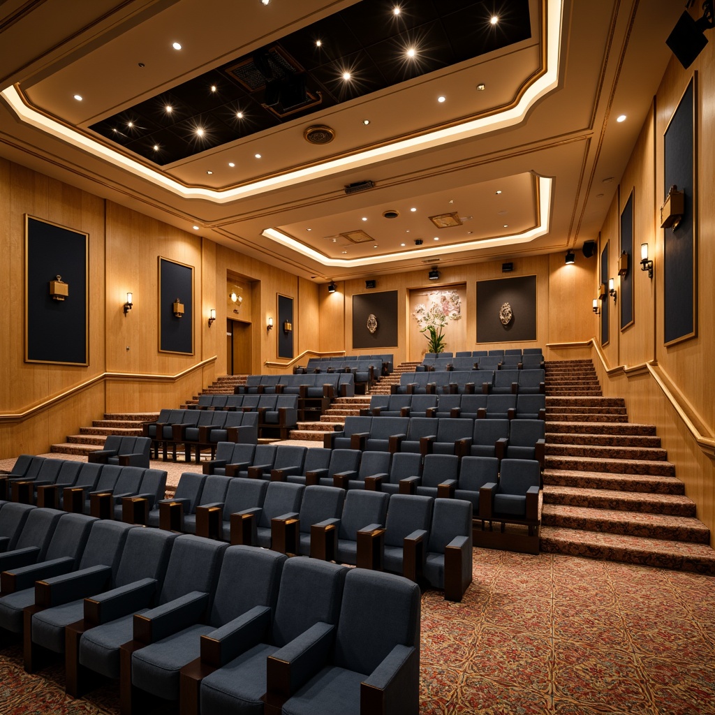 Prompt: Luxurious auditorium interior, rich wood tones, warm beige walls, deep blue velvet seats, golden metal accents, subtle patterned carpets, sophisticated lighting fixtures, dramatic spotlights, soft warm glow, high ceiling, ornate moldings, acoustic panels, sound-absorbing materials, comfortable seating arrangements, grand entrance, sweeping staircases, elegant railings, refined textures, realistic reflections, 1/2 composition, atmospheric perspective, cinematic ambiance.