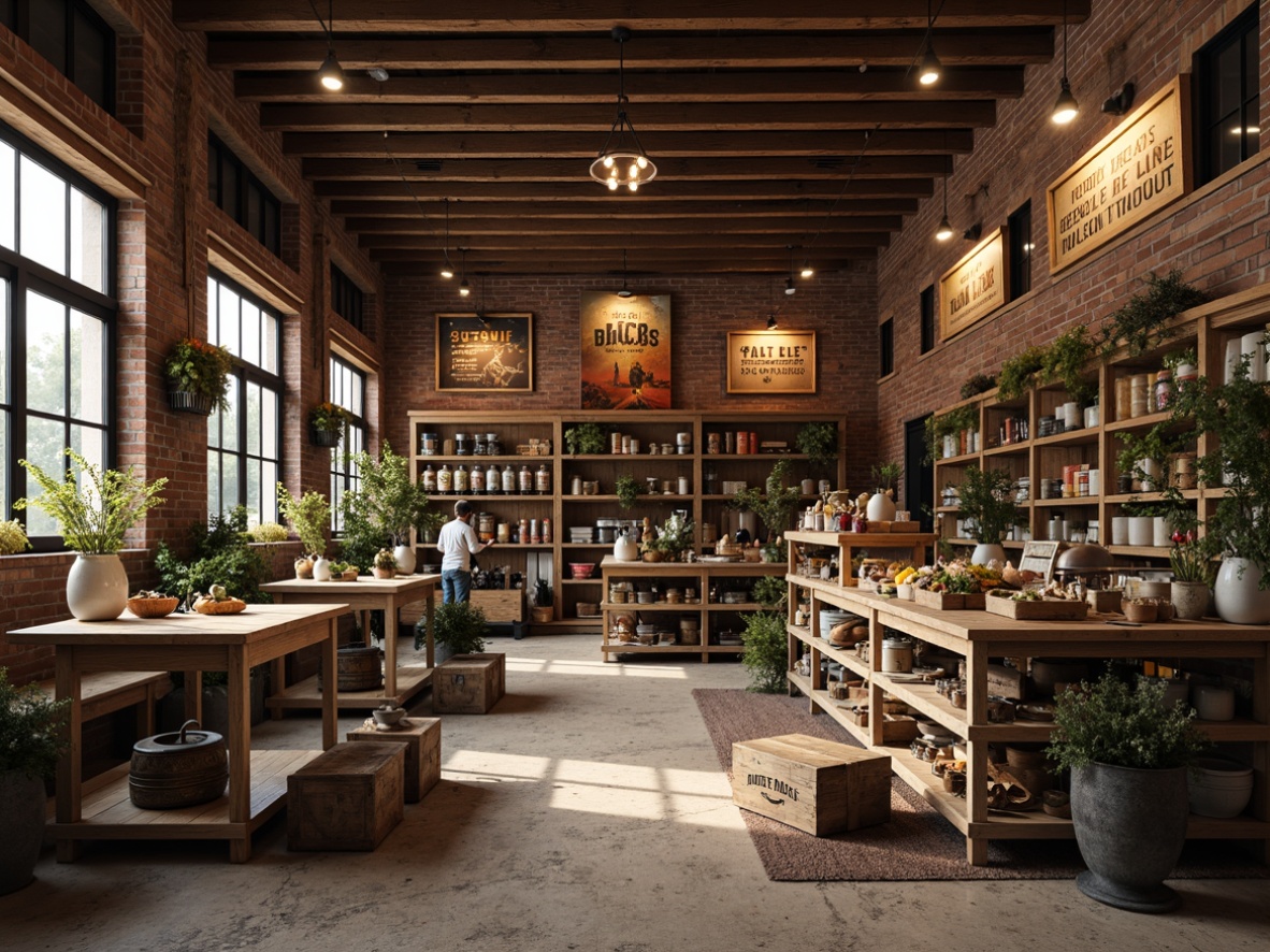 Prompt: Rustic grocery store interior, distressed wood accents, vintage metal shelves, worn brick walls, earthy tone color palette, reclaimed wood flooring, weathered wooden crates, antique farm equipment, soft warm lighting, shallow depth of field, 1/1 composition, realistic textures, ambient occlusion, aged ceramic tiles, matte finish concrete, rough-hewn stone surfaces, ornate metal fixtures, elegant chandeliers, decorative vintage advertisements.