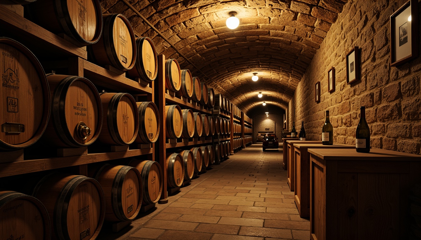 Prompt: Rustic wine cellar, wooden storage racks, aged stone walls, dim warm lighting, rich wood tones, ornate metalwork, vintage wine barrels, distressed wooden crates, earthy aroma, traditional architectural style, vaulted ceilings, narrow aisles, soft golden glow, subtle shadows, 1/2 composition, close-up shot, realistic textures, ambient occlusion.