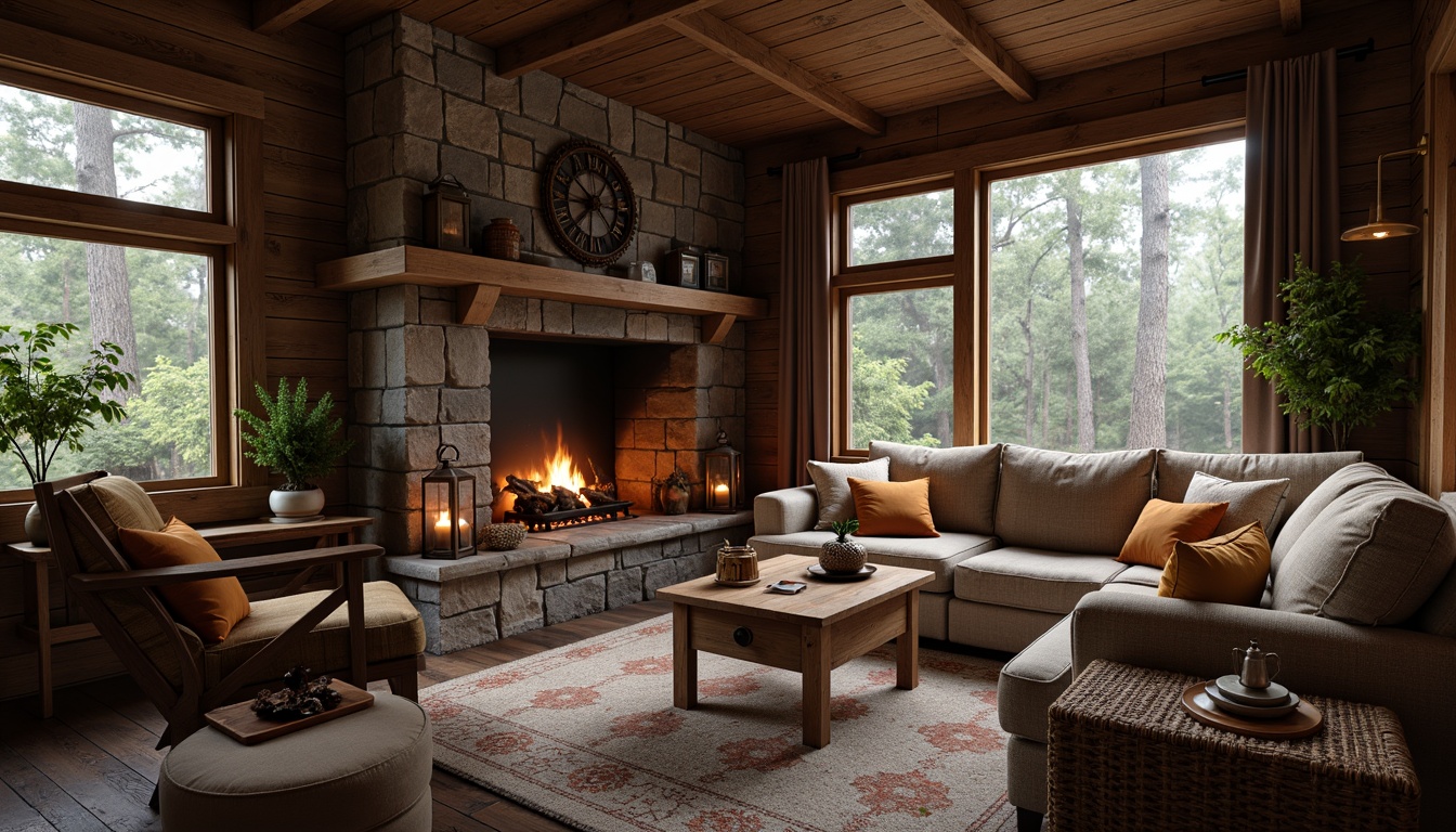 Prompt: Rustic cabin, wooden accents, stone fireplace, vintage furniture, distressed textures, earthy color palette, natural materials, cozy ambiance, warm lighting, lanterns, woven baskets, pinecones, forest surroundings, misty morning, soft focus, shallow depth of field, 2/3 composition, realistic renderings, ambient occlusion.