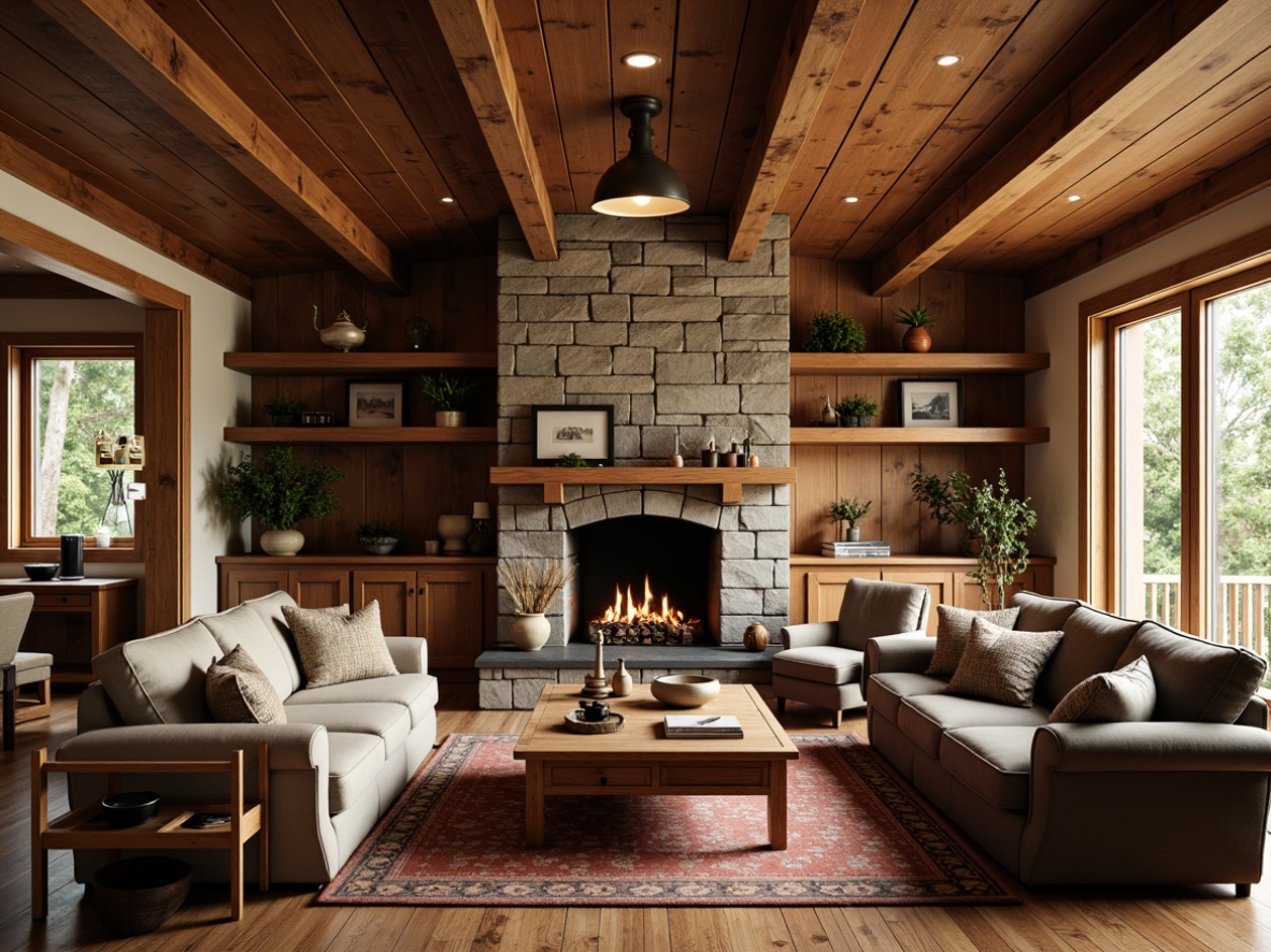 Prompt: Rustic craftsman living room, wooden beams, stone fireplace, earthy tones, rich wood textures, comfortable sofas, plush armchairs, vintage furniture pieces, handmade wooden decorations, intricate carvings, natural materials, warm cozy lighting, soft warm colors, 3/4 composition, shallow depth of field, realistic wood grain textures, ambient occlusion.