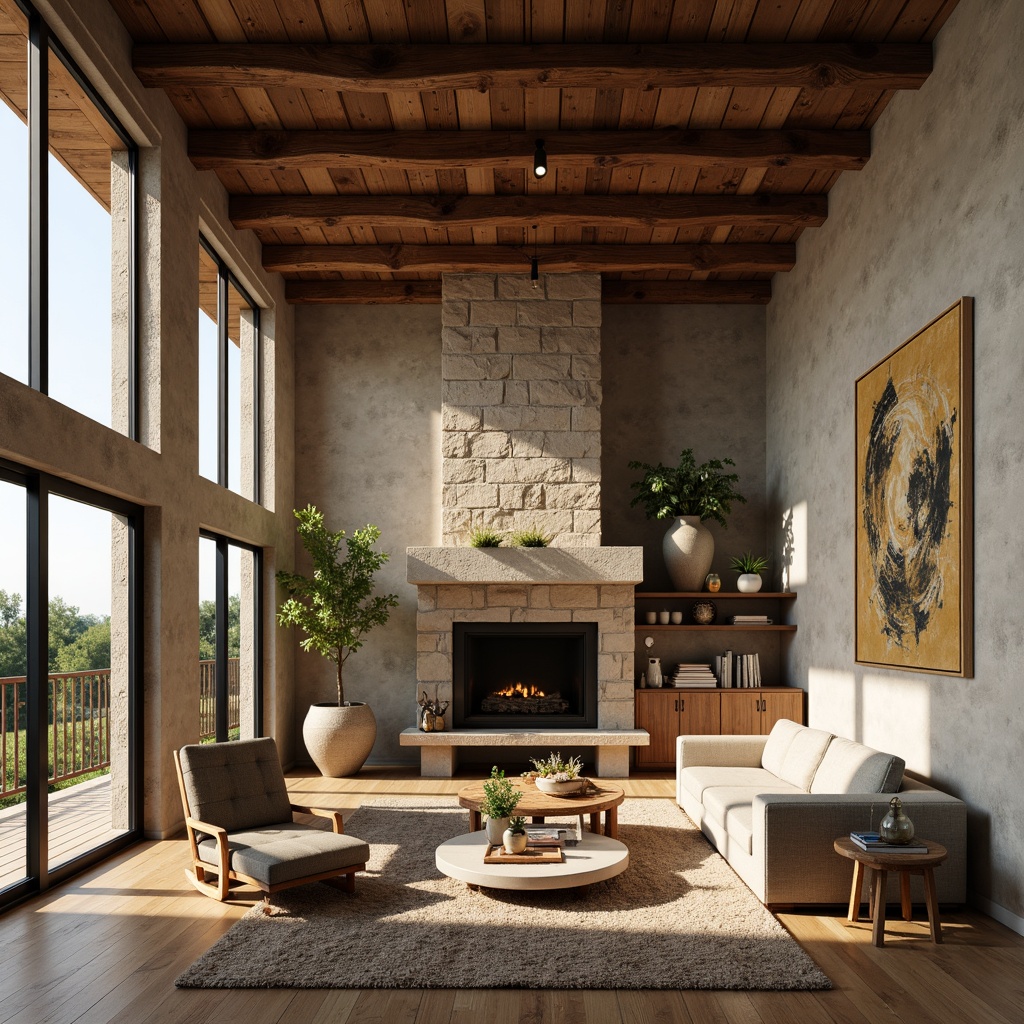 Prompt: Rustic modern living room, textured walls, earthy color palette, natural stone accents, wooden beam ceiling, large windows, soft warm lighting, cozy ambiance, plush furniture, woven textiles, abstract artwork, 3/4 composition, shallow depth of field, realistic textures, ambient occlusion.