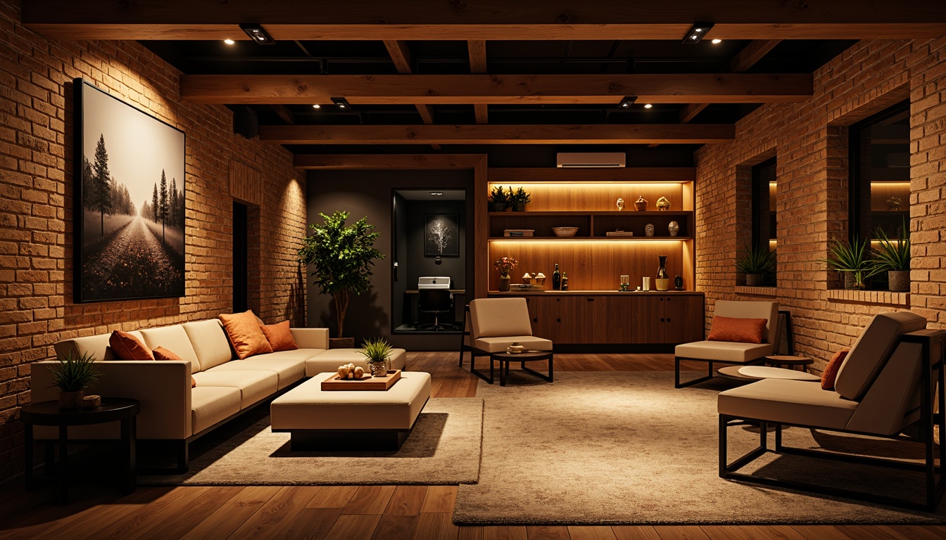 Prompt: Cozy basement atmosphere, warm ambient lighting, recessed LED lights, industrial-chic metal fixtures, exposed brick walls, modern minimalist decor, sleek chrome accents, intimate seating areas, moody color palette, soft warm glow, dramatic shadows, layered lighting design, energy-efficient solutions, smart home automation, wall-mounted shelves, rustic wood tones, plush area rugs, comfortable reading nooks, cinematic accent lighting.