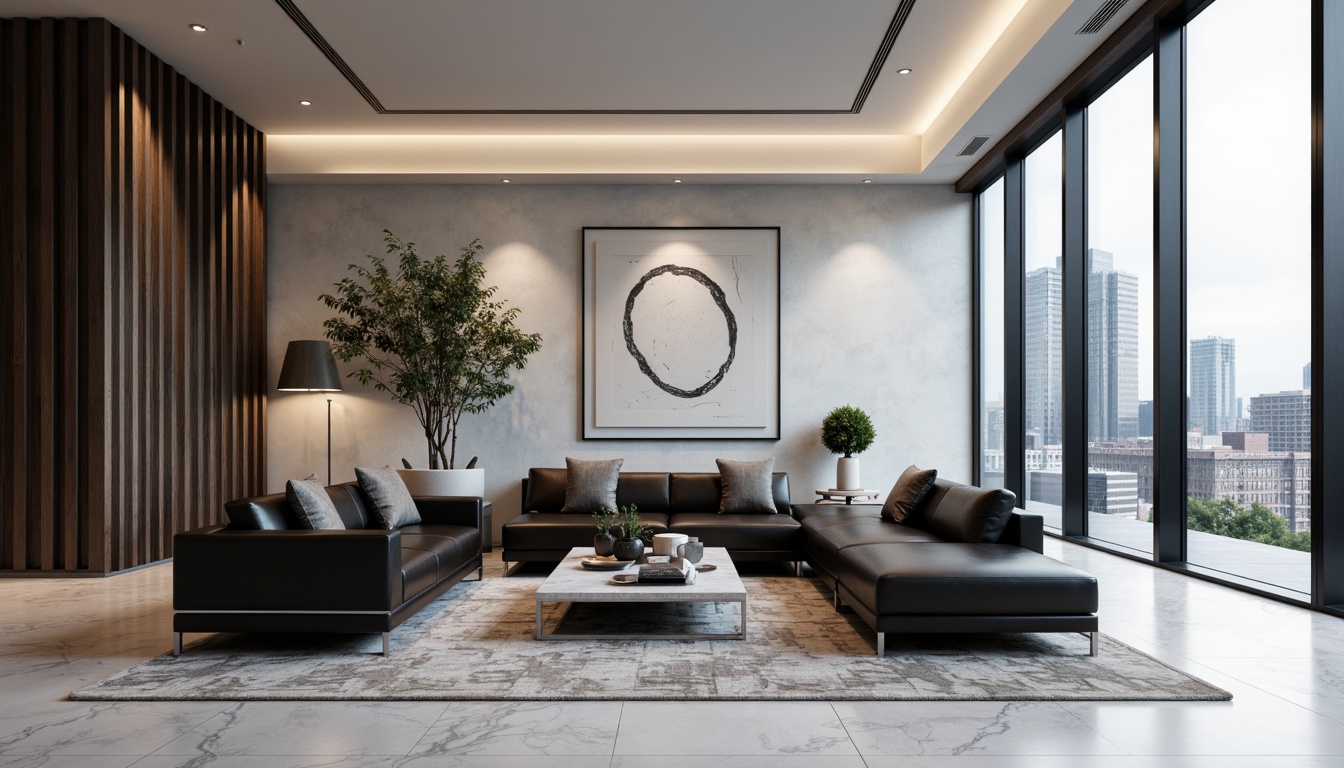 Prompt: Monochromatic color scheme, sleek lines, minimalist furniture, polished metal accents, luxurious leather sofas, geometric patterns, marble floors, floor-to-ceiling windows, sliding glass doors, urban cityscape views, modern abstract art pieces, subtle ambient lighting, 1/1 composition, shallow depth of field, realistic textures, soft warm glow.