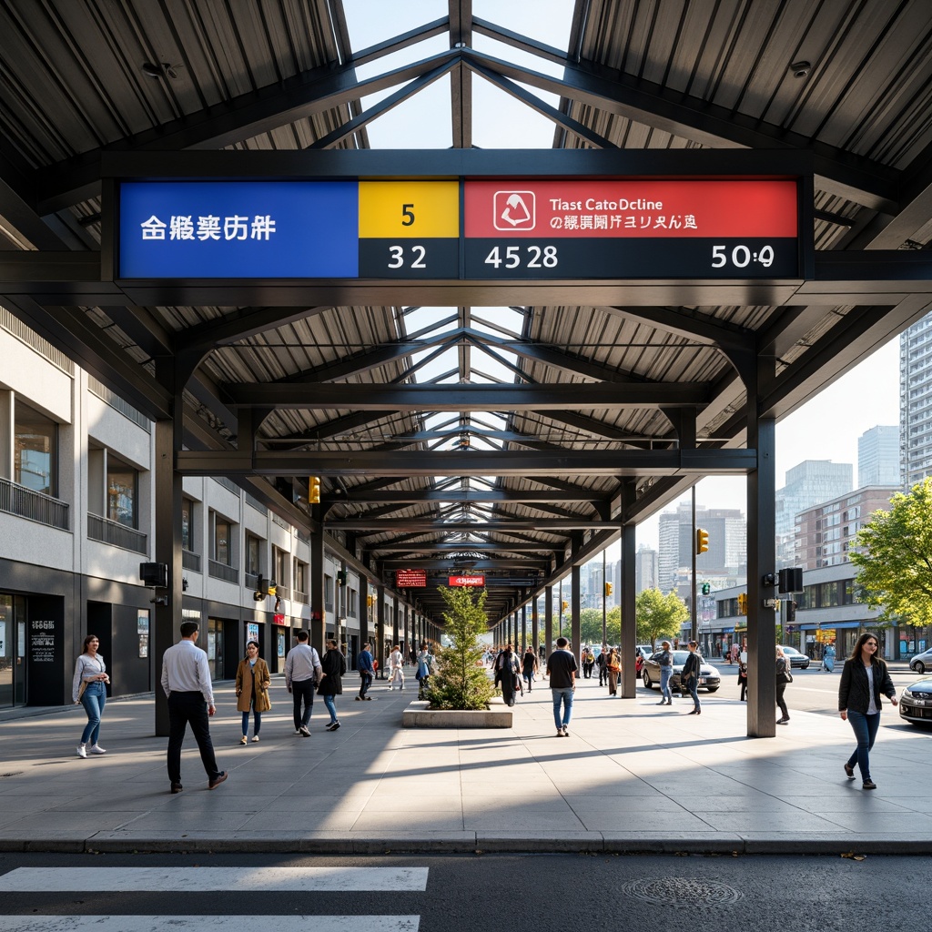 Prompt: Geometric bus station, clean lines, rectangular shapes, primary colors, industrial materials, steel beams, concrete floors, minimalist design, functional lighting, urban setting, bustling streets, busy pedestrians, modern cityscape, grid-like structure, asymmetrical composition, bold typography, sans-serif fonts, dynamic shadows, high-contrast lighting, 1/2 composition, low-angle shot, realistic textures, ambient occlusion.