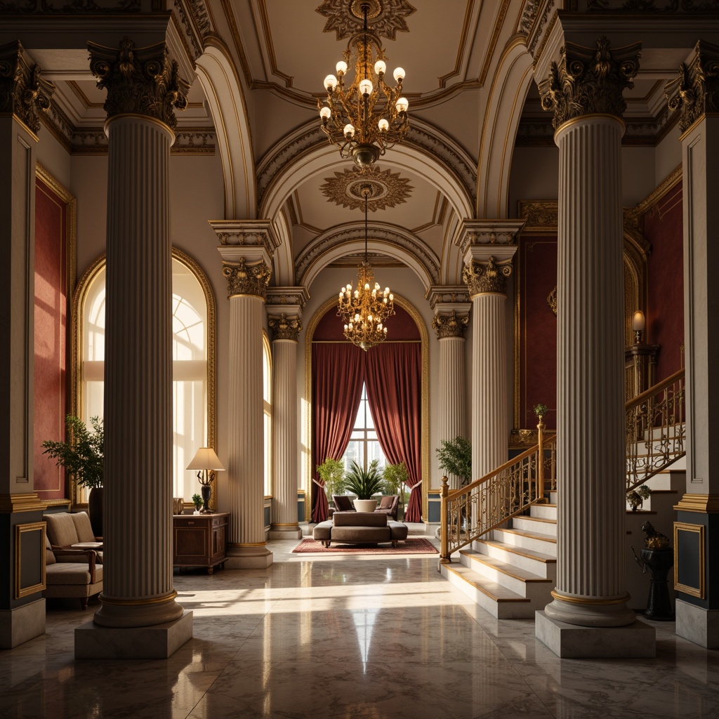 Prompt: Elegant interior space, ornate columns, intricately carved capitals, classical arches, grand staircases, marble flooring, rich velvet drapes, lavish chandeliers, neutral color palette, subtle lighting, atmospheric shadows, 1/2 composition, shallow depth of field, warm golden tones, soft focus, realistic textures, ambient occlusion.