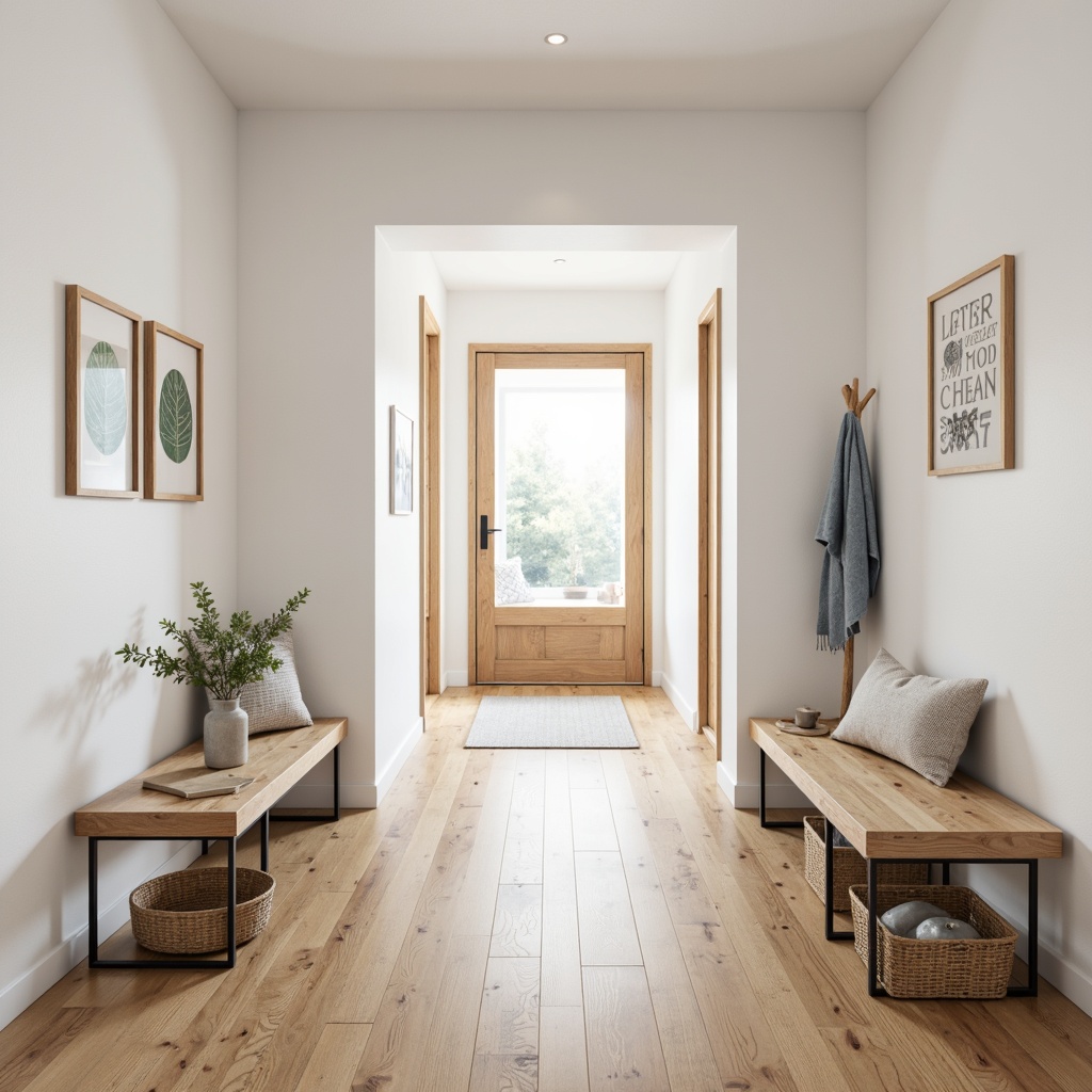 Prompt: Minimalist entrance hall, light wood flooring, white walls, natural materials, wooden benches, sleek metal legs, woven baskets, geometric patterns, Nordic-inspired textiles, soft pastel colors, warm ambient lighting, shallow depth of field, 1/1 composition, realistic textures, ambient occlusion.