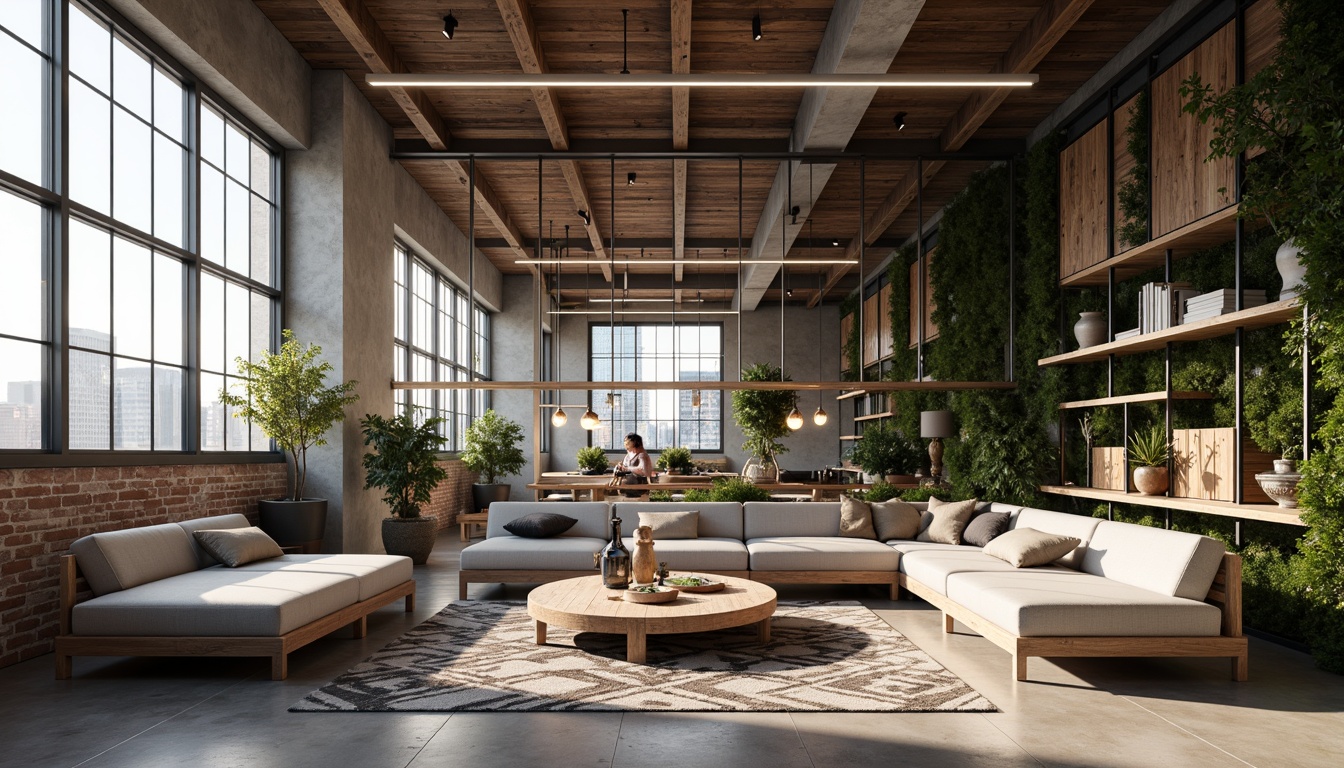 Prompt: Minimalist loft interior, industrial chic aesthetic, exposed brick walls, polished concrete floors, high ceilings, wooden beams, metal accents, modern sofas, low-profile coffee tables, geometric patterned rugs, floor-to-ceiling windows, natural light pouring in, urban city views, trendy pendant lamps, Edison bulbs, functional shelving units, decorative metal screens, reclaimed wood decor, greenery walls, airy atmosphere, soft warm lighting, shallow depth of field, 3/4 composition, realistic textures, ambient occlusion.