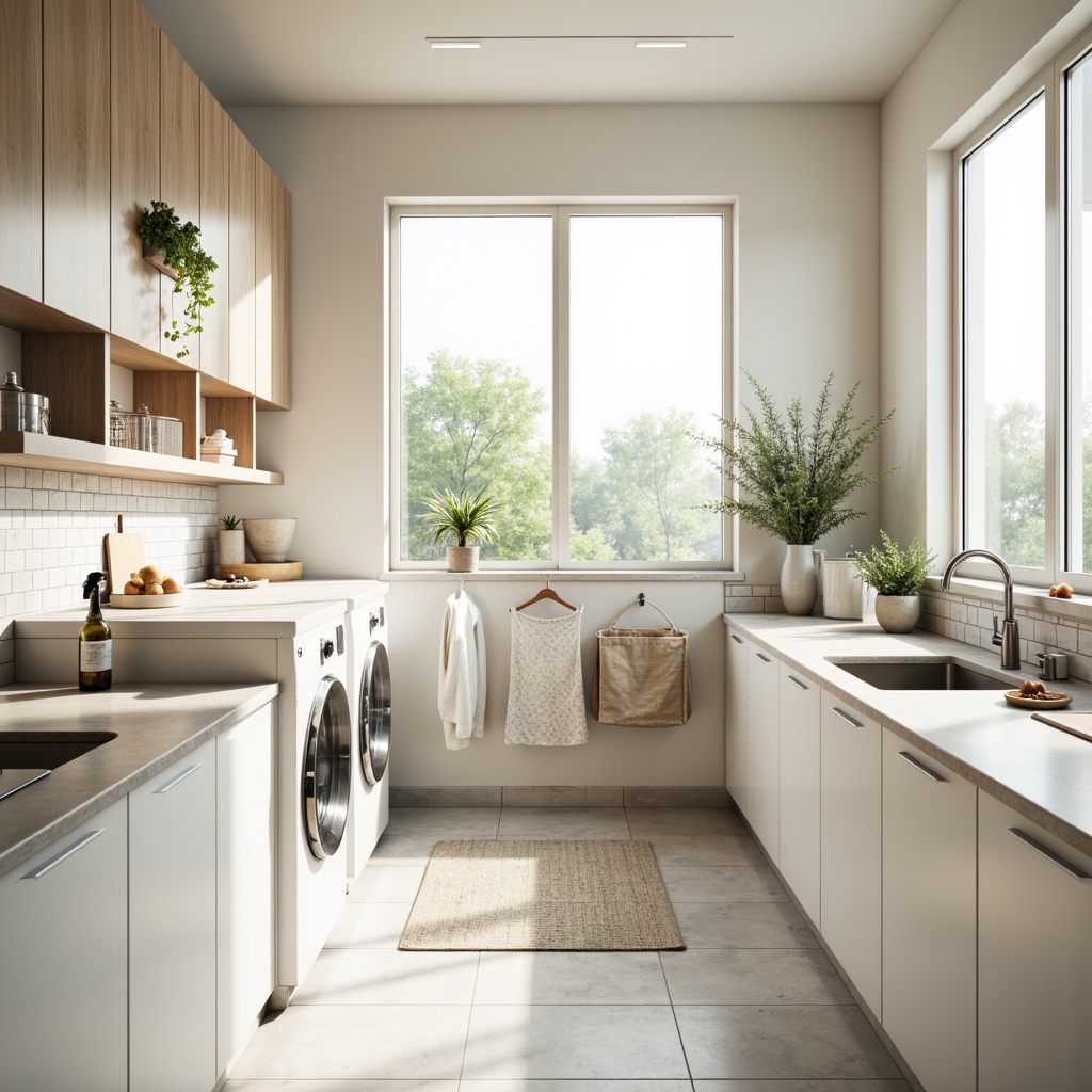 Prompt: Bright laundry room, large windows, soft natural light, white cabinets, stainless steel appliances, sleek countertops, modern faucets, pastel color scheme, gentle warm tones, shallow depth of field, 1/1 composition, realistic textures, ambient occlusion, minimal decor, functional layout, efficient storage solutions, hanging organizers, foldable drying racks, built-in ironing boards.