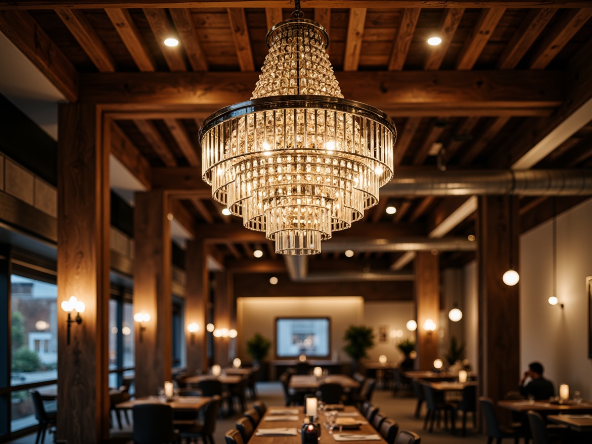 Prompt: Elegant chandelier, luxurious crystal droplets, warm ambient glow, polished metal fixtures, sophisticated modern design, high ceiling, spacious open plan, stylish pendant lights, minimalist aesthetic, industrial chic exposed bulbs, rustic wooden beams, cozy intimate atmosphere, soft warm lighting, 1/1 composition, shallow depth of field, realistic textures, ambient occlusion.