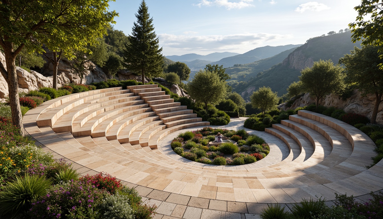 Prompt: Undulating amphitheater seating, curved stone steps, smooth wooden benches, lush greenery, vibrant flowers, natural rock formations, scenic vistas, warm sunny day, soft diffused lighting, shallow depth of field, 3/4 composition, panoramic view, realistic textures, ambient occlusion, organic architecture, flowing lines, sensual curves, dynamic shapes, expressive forms, dramatic acoustics, intimate gathering spaces, communal atmosphere.