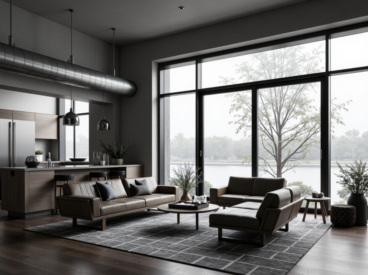 Prompt: Monochromatic color palette, sleek lines, minimal ornaments, polished chrome accents, luxurious leather furniture, geometric patterns, industrial metal fixtures, floor-to-ceiling windows, open-plan living space, Scandinavian-inspired design, simplicity-driven aesthetic, ambient soft lighting, 1/1 composition, shallow depth of field, realistic textures.