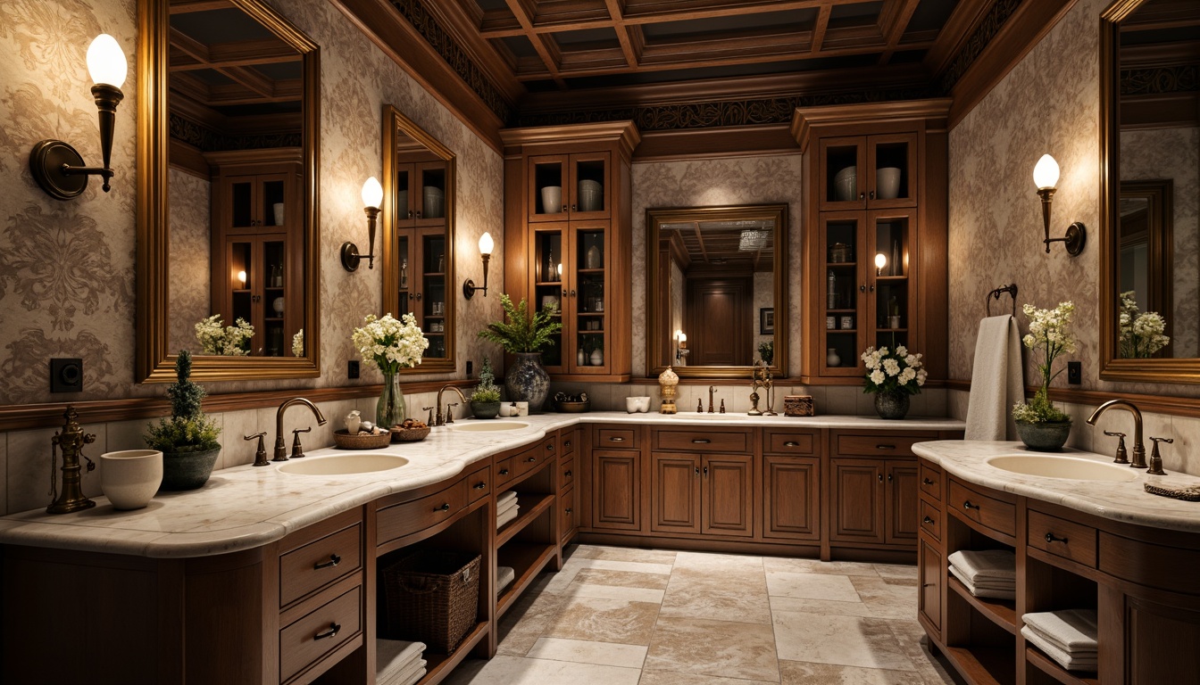 Prompt: Elegant bathroom, marble countertops, porcelain sink, ornate mirrors, bronze fixtures, academic-themed wallpaper, rich wood cabinets, vintage-inspired lighting, distressed metal accents, natural stone flooring, soft warm lighting, shallow depth of field, 1/1 composition, realistic textures, ambient occlusion.