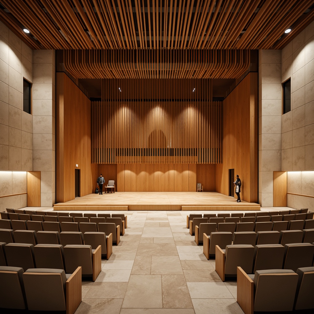 Prompt: Modern auditorium interior, academic setting, wooden stage, curved rows of seats, upholstered chairs, sound-absorbing acoustic panels, geometric patterns, warm beige tones, rich wood accents, subtle lighting, minimalist decor, functional layout, optimized seating capacity, advanced audio-visual equipment, professional-grade microphones, high-fidelity speakers, natural stone flooring, soundproofing materials, elegant architectural lines, sophisticated ambiance, soft box lighting, 1/2 composition, realistic textures.