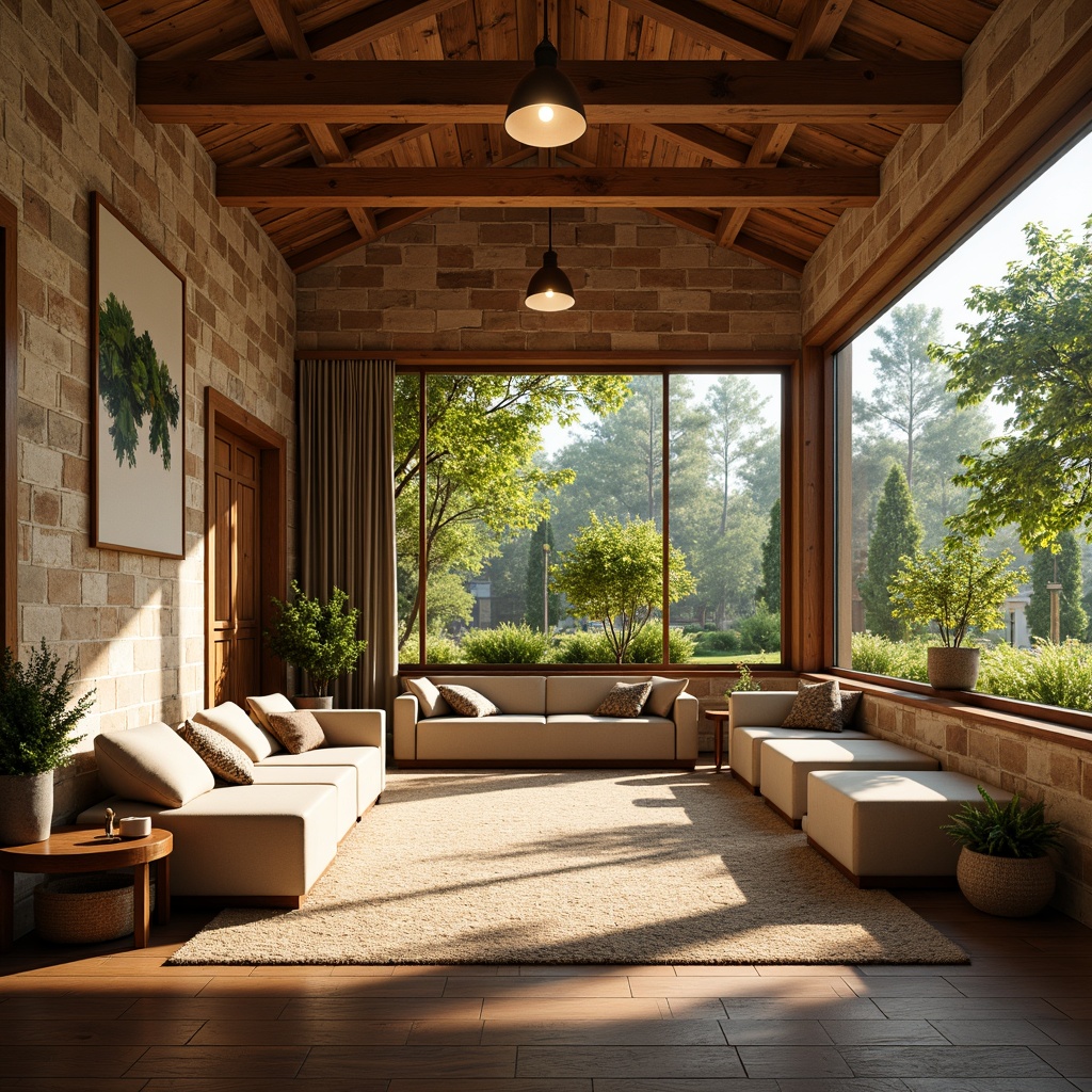 Prompt: Warm wooden flooring, natural stone walls, earthy color scheme, comfortable seating areas, plush carpets, soft warm lighting, cozy reading nooks, vibrant greenery, living walls, educational artwork, minimal ornamentation, modern rustic architecture, large windows, glass doors, sunny day, shallow depth of field, 3/4 composition, panoramic view, realistic textures, ambient occlusion.