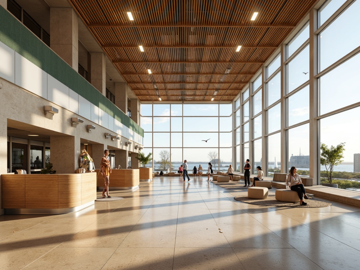 Prompt: Airy airport terminal, coastal vibes, ocean-inspired colors, wavy patterns, natural wood accents, floor-to-ceiling windows, minimal ornamentation, modern sculptures, sleek furniture, nautical-themed decor, sandy beige flooring, calming atmosphere, soft warm lighting, shallow depth of field, 3/4 composition, panoramic view, realistic textures, ambient occlusion, seagulls flying overhead, subtle ocean breeze sounds.