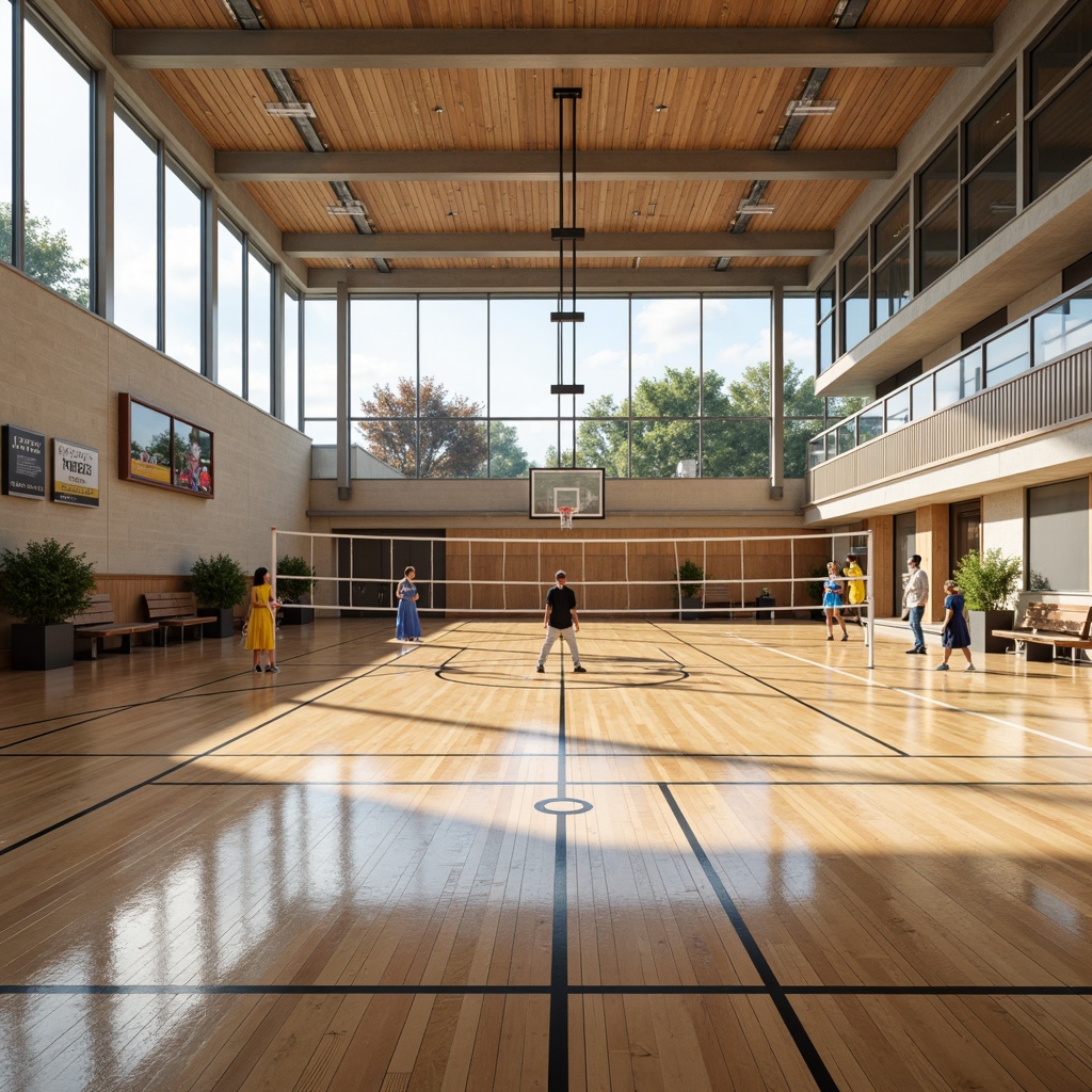 Prompt: Polished wooden floors, athletic track markings, basketball court lines, volleyball net installations, gymnastics equipment, educational signage, natural light pouring in, large windows, modern academic architecture, open spaces, high ceilings, warm neutral color palette, subtle texture variations, realistic reflections, ambient occlusion, shallow depth of field, 3/4 composition, panoramic view.