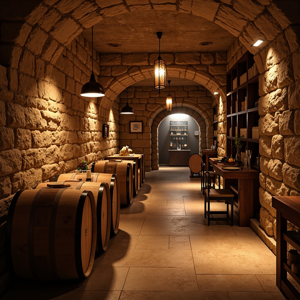 Prompt: Warm wine cellar ambiance, rustic stone walls, wooden barrels, dimmable LED lighting, soft warm glow, subtle shadows, ambient illumination, rich wood tones, earthy color palette, cozy atmosphere, intimate setting, dramatic ceiling height, ornate chandeliers, metal lanterns, vintage pendant lights, distressed finishes, classic architectural details, elegant wine racks, refined woodwork, sophisticated storage systems, atmospheric misting, warm beige stone floors, aged wooden accents.