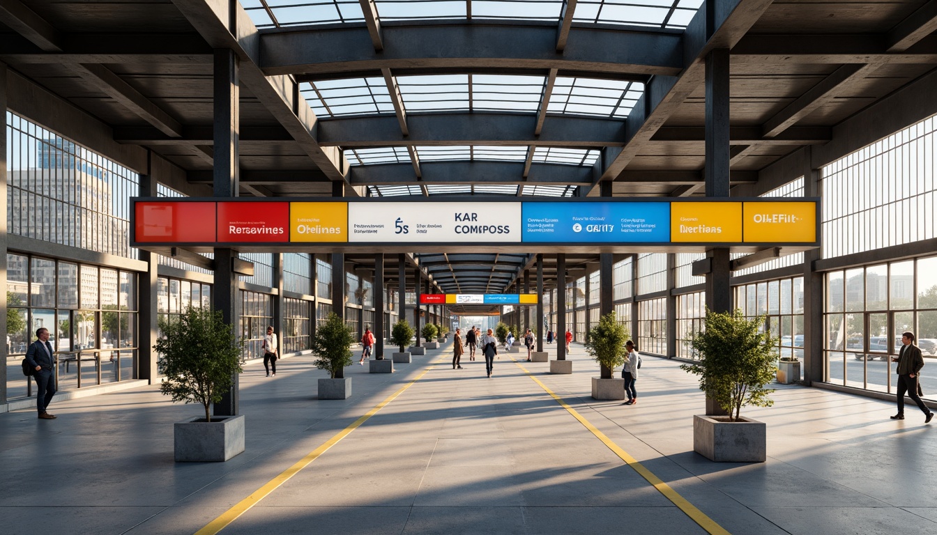 Prompt: Industrial bus station, rectangular shapes, clean lines, primary colors, bold typography, functional design, steel beams, concrete flooring, large glass windows, minimalist aesthetic, urban landscape, busy streets, modern cityscape, morning light, soft shadows, shallow depth of field, 2/3 composition, symmetrical framing, high contrast colors, vibrant red accents, deep blue tones, yellow highlights, neutral beige background.