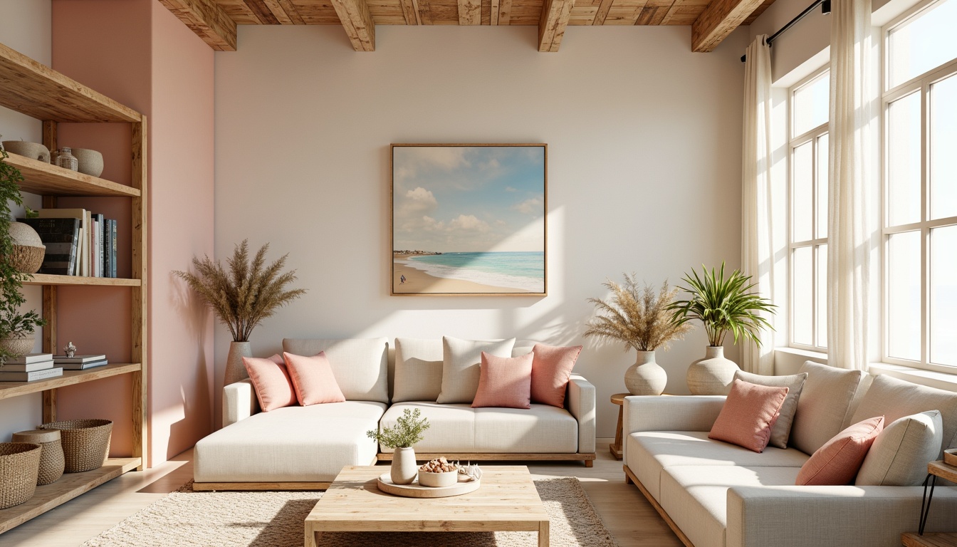 Prompt: Soft peach walls, creamy whites, calming blues, gentle sandy neutrals, weathered wood accents, natural textiles, driftwood furniture, ocean-inspired patterns, coral pink highlights, seafoam greenery, beachy vibes, airy feel, abundant natural light, sheer curtains, woven baskets, shell decorations, pebble-studded vases, serene ambiance, warm golden lighting, shallow depth of field, 1/1 composition, minimalist decor.