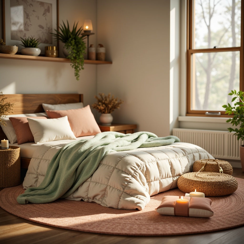 Prompt: Warm beige tones, soft peach hues, calming mint greens, creamy whites, rich wood accents, natural stone textures, cozy throw blankets, plush velvet fabrics, golden metallic details, inviting candlelight, warm sunbeams, shallow depth of field, 1/1 composition, realistic reflections, ambient occlusion.