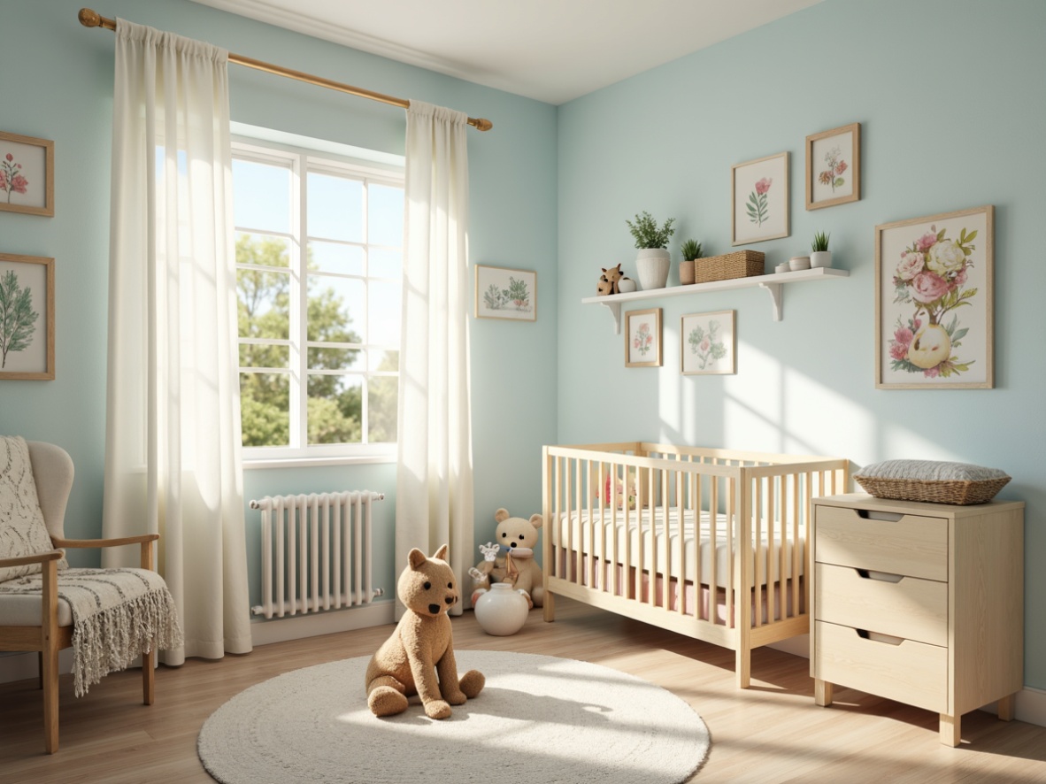 Prompt: Soft baby blue walls, creamy white accents, warm beige furniture, natural wood textures, gentle golden lighting, serene nursery atmosphere, delicate lace curtains, pastel color scheme, rounded shapes, whimsical illustrations, watercolor-inspired patterns, subtle gradient effects, dreamy ambiance, peaceful mood, shallow depth of field, 1/1 composition, soft focus, warm color temperature.