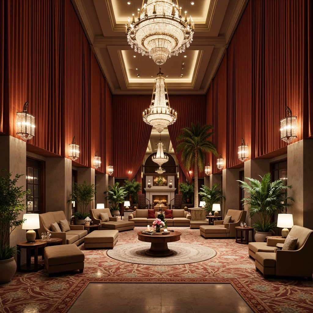 Prompt: Luxurious hotel lobby, rich velvet drapes, ornate crystal chandeliers, antique wooden furniture, intricately carved moldings, plush patterned carpets, warm golden lighting, majestic stone fireplaces, elegant marble floors, ornamental metalwork, lavish curtains, sophisticated classic architecture, opulent furnishings, refined ambiance, warm earthy tones, soft natural textures, subtle sheen fabrics, vintage decorative accents, nostalgic ambiance, dramatic high ceilings, symmetrical compositions, realistic renderings.