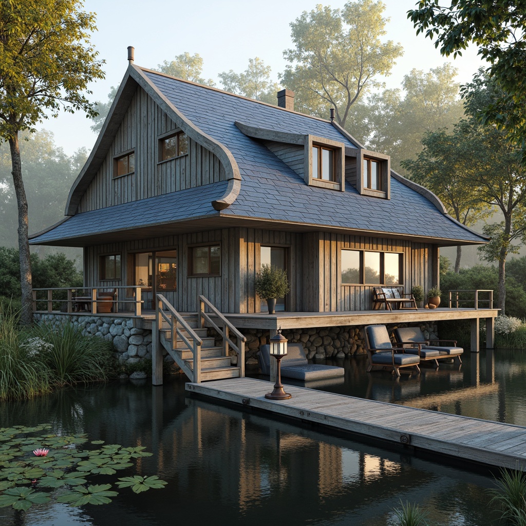 Prompt: Rustic boathouse, wooden docks, vintage nautical elements, distressed wood accents, soft blue-gray color palette, natural stone foundations, steeply pitched roofs, dormer windows, wooden shutters, curved railings, ornate metal lanterns, lush greenery, water lilies, tranquil lake surroundings, misty morning atmosphere, warm golden lighting, shallow depth of field, 1/1 composition, realistic textures, ambient occlusion.