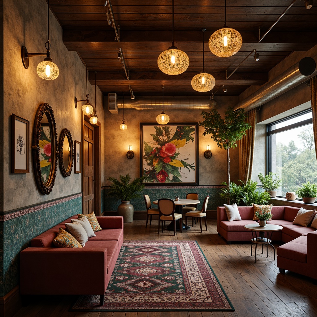 Prompt: Whimsical eclectic space, vintage chandeliers, industrial metal shades, rustic wooden lanterns, Moroccan-inspired tiles, colorful glass pendant lights, distressed finishes, ornate mirrors, plush textiles, velvety sofas, patterned rugs, abstract artwork, warm golden lighting, soft warm glows, layered lighting effects, 1/1 composition, dramatic shadows, realistic reflections.