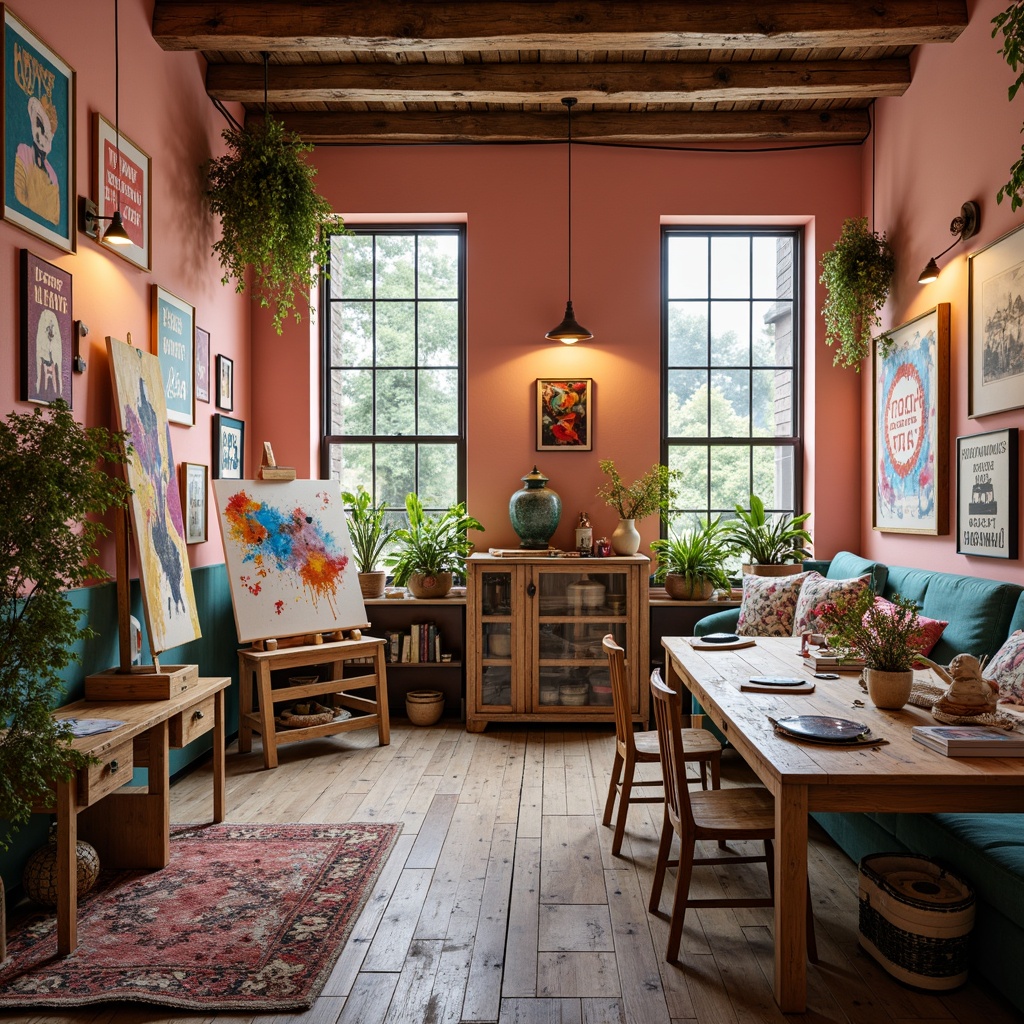 Prompt: Vibrant art studio, eclectic bohemian decor, bold brushstrokes, abstract expressionist paintings, textured canvases, artistic easels, colorful paint tubes, inspirational quotes, natural wood floors, rustic wooden tables, cozy reading nooks, warm soft lighting, shallow depth of field, 3/4 composition, panoramic view, realistic textures, ambient occlusion, pastel pink walls, earthy terracotta tones, rich turquoise accents, creamy white highlights, deep charcoal shadows.