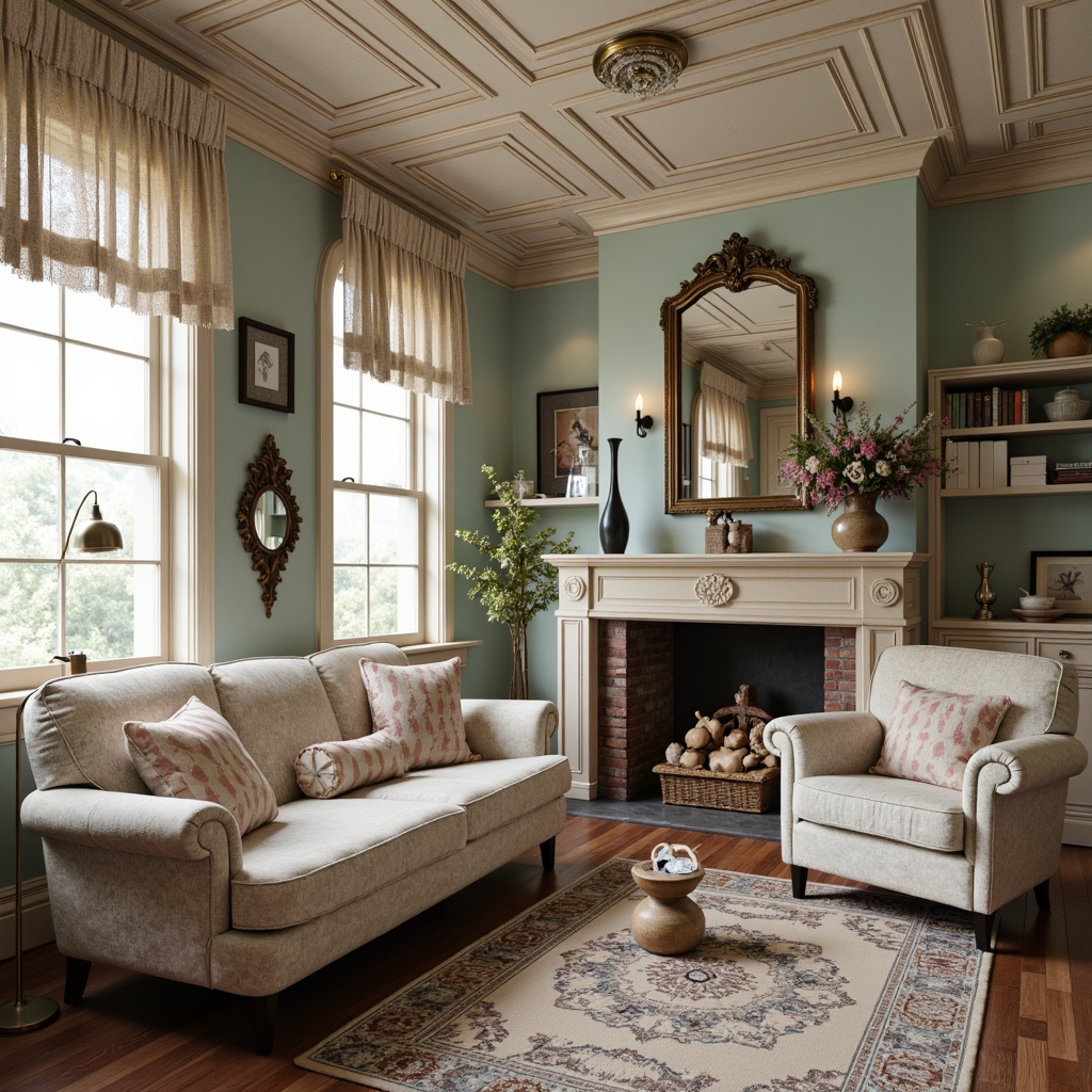 Prompt: Distressed wood furniture, soft pastel hues, vintage floral patterns, lace curtains, rustic metal accents, distressed finishes, antique decor pieces, ornate mirrors, plush area rugs, velvet upholstery, feminine silhouettes, natural linen fabrics, muted color palette, warm candlelight, romantic ambiance, whimsical accessories, eclectic decorative items, worn leather straps, faded elegance.