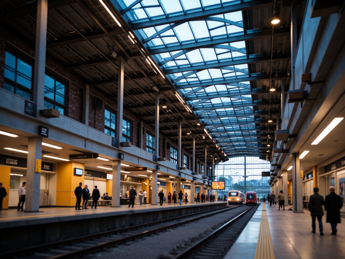 Prompt: Modern train station, sleek metallic beams, industrial chic architecture, stylish lighting fixtures, suspended ceiling lamps, minimalist pendant lights, futuristic LED strips, vibrant colored accents, urban cityscape, bustling crowd, rush hour atmosphere, warm ambient glow, shallow depth of field, 1/2 composition, realistic reflections, detailed textures.