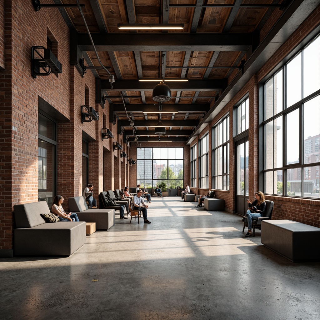 Prompt: Exposed brick walls, metal beams, reclaimed wood accents, industrial-style lighting fixtures, distressed concrete floors, urban loft atmosphere, modern minimalist decor, functional modular furniture, mechanical details, metallic color palette, edgy architectural lines, open-plan layout, high ceilings, natural light pouring in, gritty cityscape views, softbox lighting, 3/4 composition, shallow depth of field.