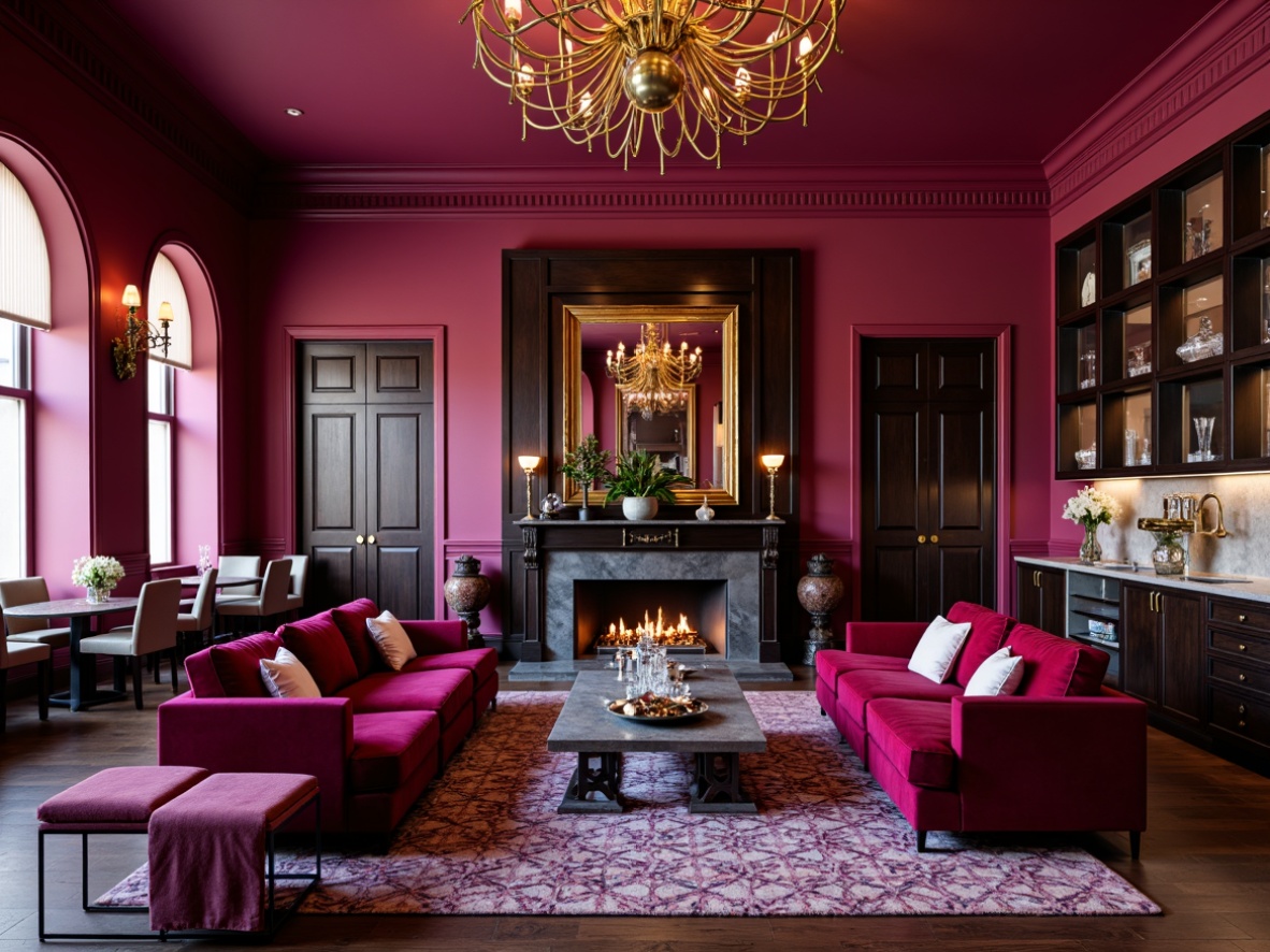 Prompt: Rich magenta walls, luxurious velvet sofas, golden metallic accents, marble countertops, dark wood cabinets, crystal glassware, warm ambient lighting, intimate low-seating areas, patterned rugs, bold geometric patterns, deep plum hues, bronze hardware, lavish decorative mirrors, rich textures, sophisticated entertaining space, dramatic color contrast, high-gloss finishes.