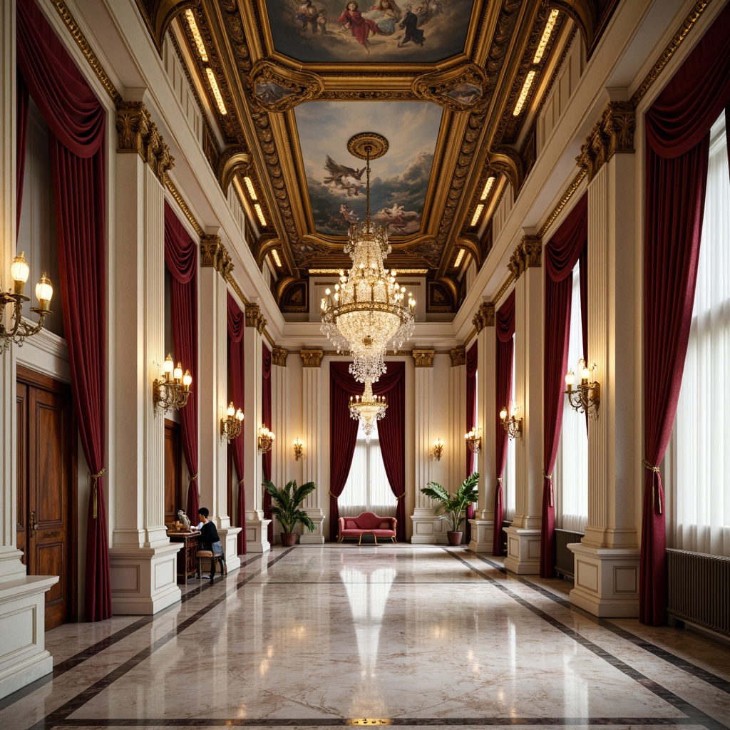 Prompt: Grandiose neoclassical interior, symmetrical composition, ornate moldings, gilded frames, majestic columns, crystal chandeliers, polished marble floors, intricate fresco ceilings, velvet drapes, regal furniture, balanced proportions, harmonious color palette, soft warm lighting, shallow depth of field, 1/1 composition, realistic textures, ambient occlusion, refined architectural details.