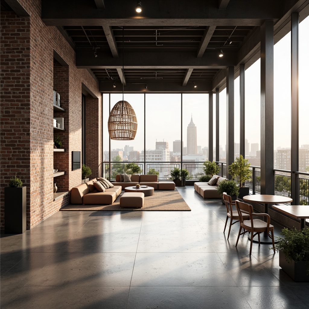 Prompt: Minimalist open space, industrial chic atmosphere, exposed brick walls, polished concrete floors, modern metal beams, sleek wooden accents, floor-to-ceiling windows, urban city views, natural light pouring in, soft warm glow, minimalist decor, low-profile furniture, industrial-style lighting fixtures, geometric patterns, monochromatic color scheme, 1/1 composition, high-key lighting, shallow depth of field, realistic textures, ambient occlusion.