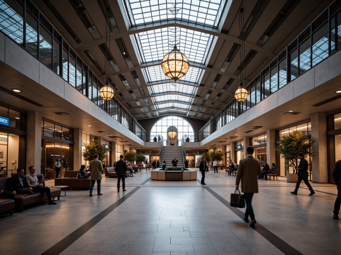 Prompt: Elegant train station, sleek modern architecture, high ceilings, grand staircases, polished marble floors, intricate ironwork details, sophisticated lighting fixtures, suspended pendant lamps, geometric chandeliers, warm LED ambiance, cozy waiting areas, comfortable seating, urban cityscape views, busy passenger traffic, dynamic movement, blurred motion effect, shallow depth of field, 1/2 composition, realistic metallic textures, ambient occlusion.