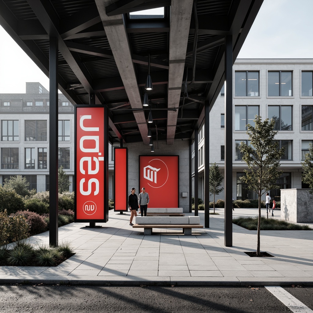 Prompt: Monochromatic bus station, primary color accents, bold typography, industrial materials, exposed ductwork, metal beams, functional design, rectangular forms, clean lines, minimal ornamentation, urban surroundings, asphalt pavement, concrete benches, steel columns, glass canopy, natural light, geometric patterns, modernist architecture, brutalist elements, urban landscape, morning sunlight, high contrast lighting, shallow depth of field, 2/3 composition.