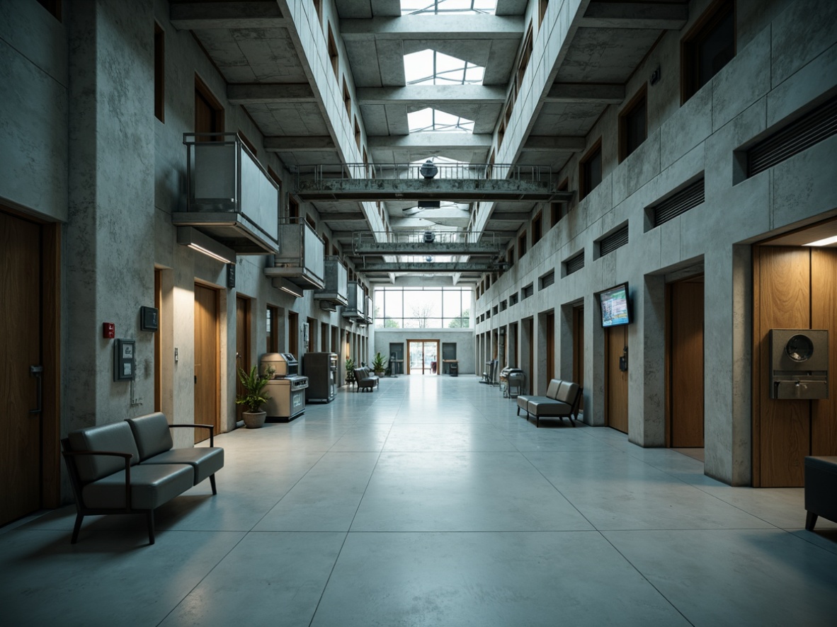 Prompt: Gloomy hospital corridors, exposed concrete walls, raw steel beams, industrial-style lighting, distressed wooden accents, brutalist architecture, angular shapes, fortress-like structure, institutional atmosphere, sterile white floors, stainless steel medical equipment, functional furniture, minimal decorations, cold color palette, high ceilings, large windows, natural light pouring in, dramatic shadows, cinematic lighting, 1/1 composition, symmetrical framing, realistic textures, ambient occlusion.