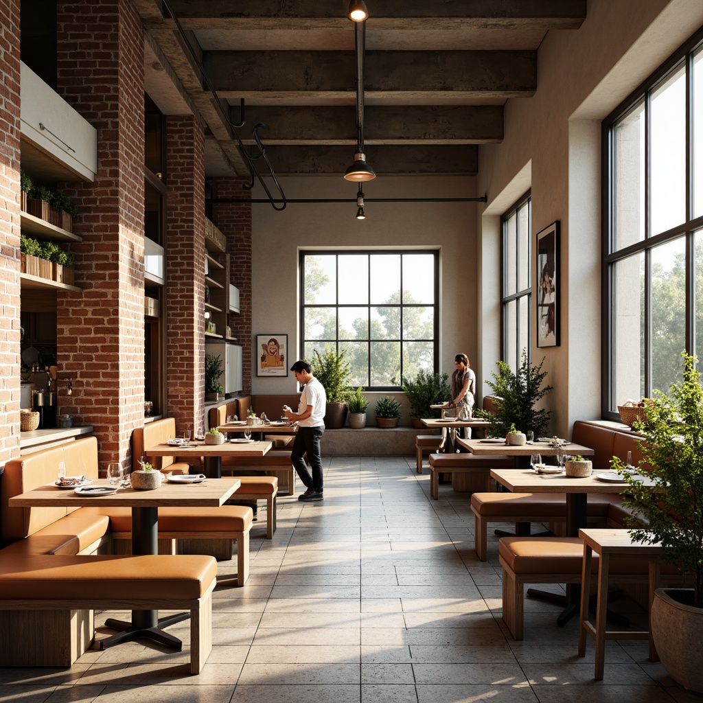 Prompt: Industrial-chic breakfast nook, exposed brick walls, polished concrete floors, steel beam ceiling, minimalist wooden tables, leather-upholstered benches, geometric-patterned ceramic tiles, chrome-edged glass cabinets, modern pendant lighting, warm beige tones, natural textiles, woven baskets, greenery accents, morning sunlight, soft ambient glow, shallow depth of field, 1/2 composition, symmetrical framing, realistic reflections.