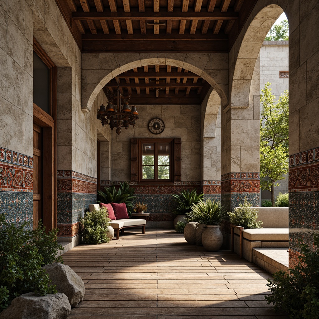 Prompt: Rustic wooden planks, distressed stone walls, worn brick facades, ornate metal filigree, vibrant ceramic tiles, intricate mosaics, natural rock formations, weathered concrete textures, earthy color palette, warm ambient lighting, dramatic shadows, 3/4 composition, shallow depth of field, realistic renderings.