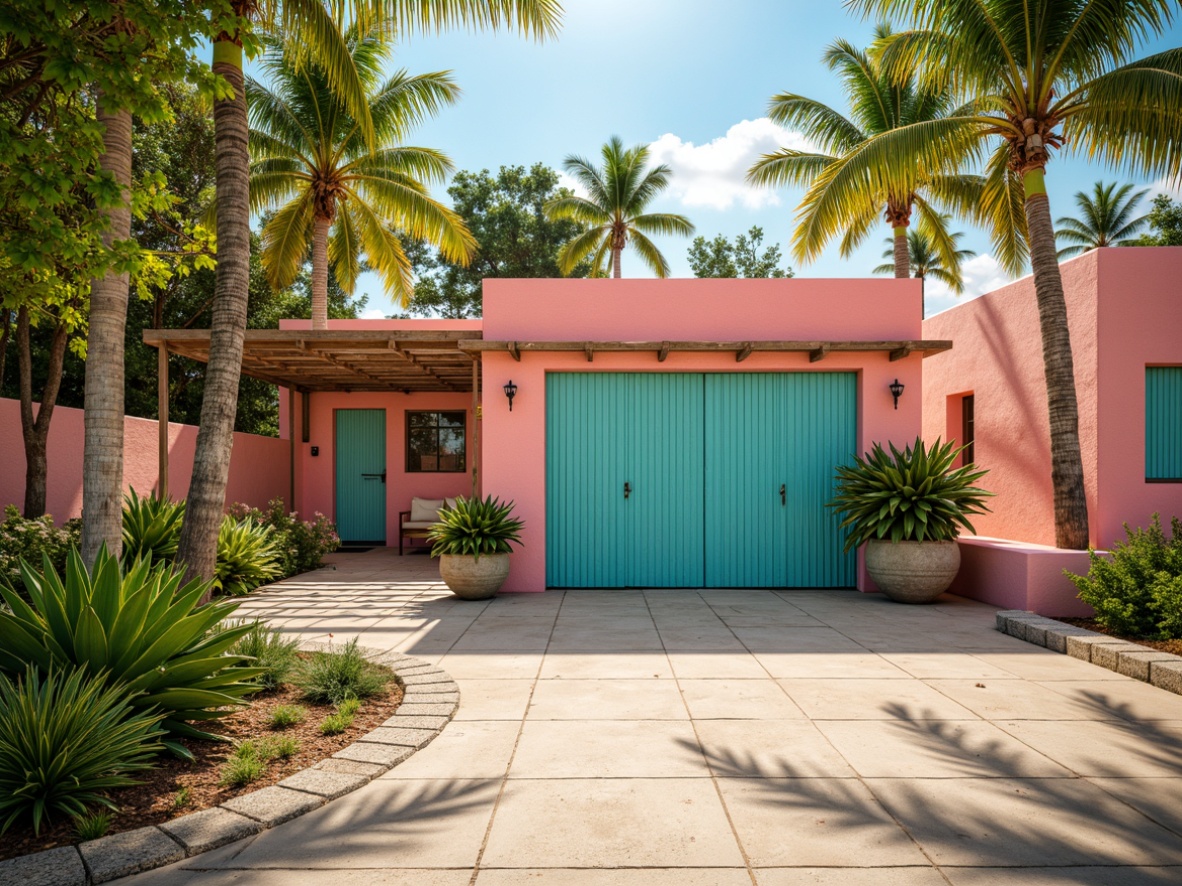 Prompt: Vibrant tropical garage, pastel pink walls, bright turquoise accents, lush greenery, exotic palm trees, colorful floral patterns, wooden shutters, natural textures, warm beige floors, distressed wood details, corrugated metal roofs, nautical rope decorations, sunny day, soft warm lighting, shallow depth of field, 1/1 composition, realistic render, ambient occlusion.