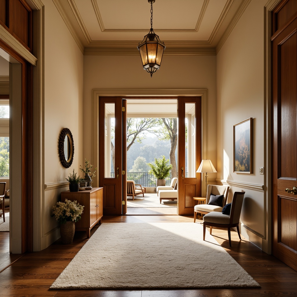 Prompt: Warm inviting entrance, wooden door with brass handle, transparent glass sidelights, soft cream walls, rich walnut flooring, plush area rug, elegant chandelier, calming beige ceiling, subtle texture contrast, natural light pouring in, warm golden lighting, 1/2 composition, intimate atmosphere, cozy seating arrangement.