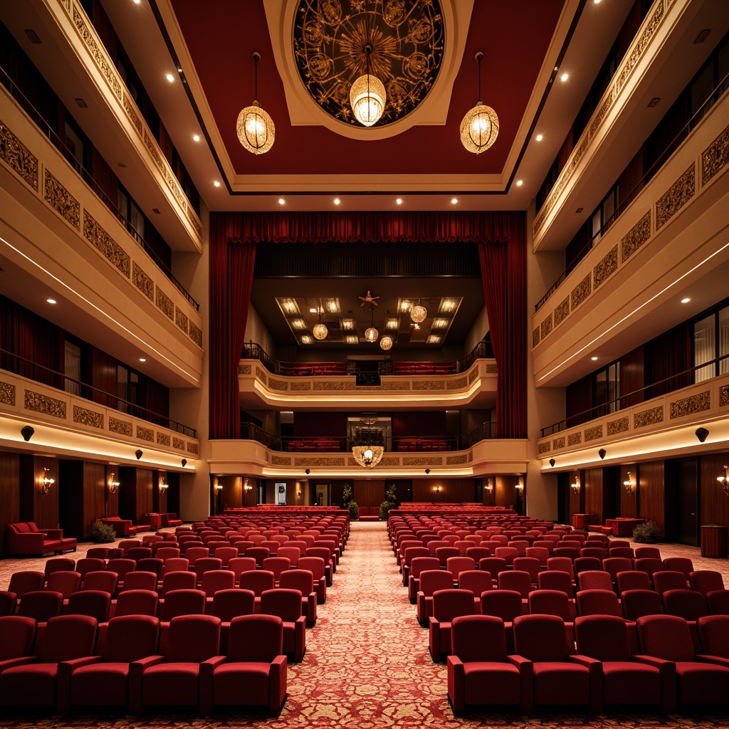 Prompt: Luxurious auditorium interior, rich wood tones, deep crimson red accents, warm beige walls, plush velvet seats, golden metallic trim, subtle patterned carpets, softbox lighting, dramatic spotlights, tiered seating arrangement, ornate architectural details, grandiose chandeliers, opulent drapery, sophisticated ambiance, high-contrast color scheme, 1/2 composition, intimate atmosphere, cinematic experience.