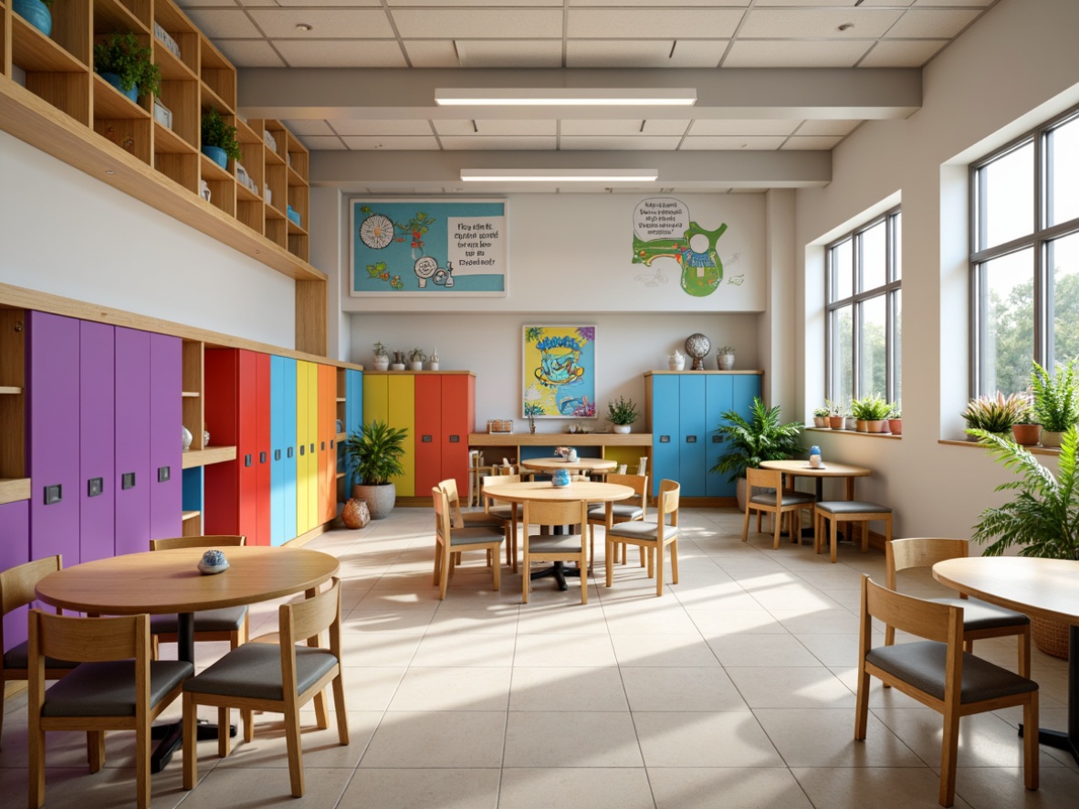 Prompt: Vibrant middle school interior, colorful lockers, wooden chairs, rounded tables, ergonomic desks, cushioned benches, educational posters, inspirational quotes, natural wood accents, bright fluorescent lighting, shallow depth of field, 1/1 composition, wide-angle view, realistic textures, ambient occlusion, playful geometric patterns, whimsical illustrations, youthful color palette, energetic vibe.