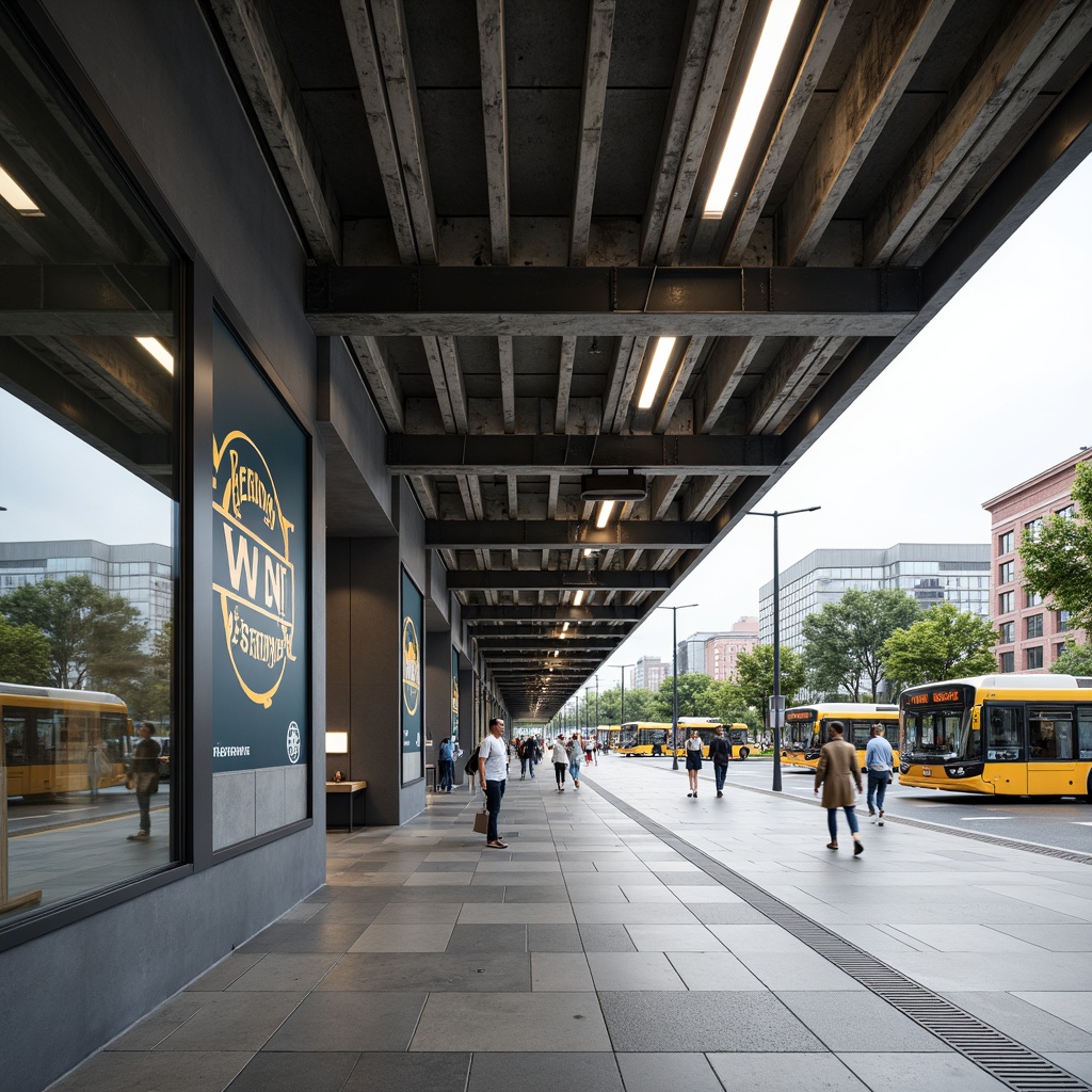 Prompt: Functional bus station, rectangular forms, clean lines, industrial materials, steel beams, concrete floors, large glass windows, minimalist decoration, bold typography, primary color scheme, geometric shapes, open spaces, natural ventilation, functional lighting, rational architecture, urban context, cityscape background, busy street scene, pedestrians walking, buses arriving, modern city life, shallow depth of field, 1/1 composition, realistic textures, ambient occlusion.